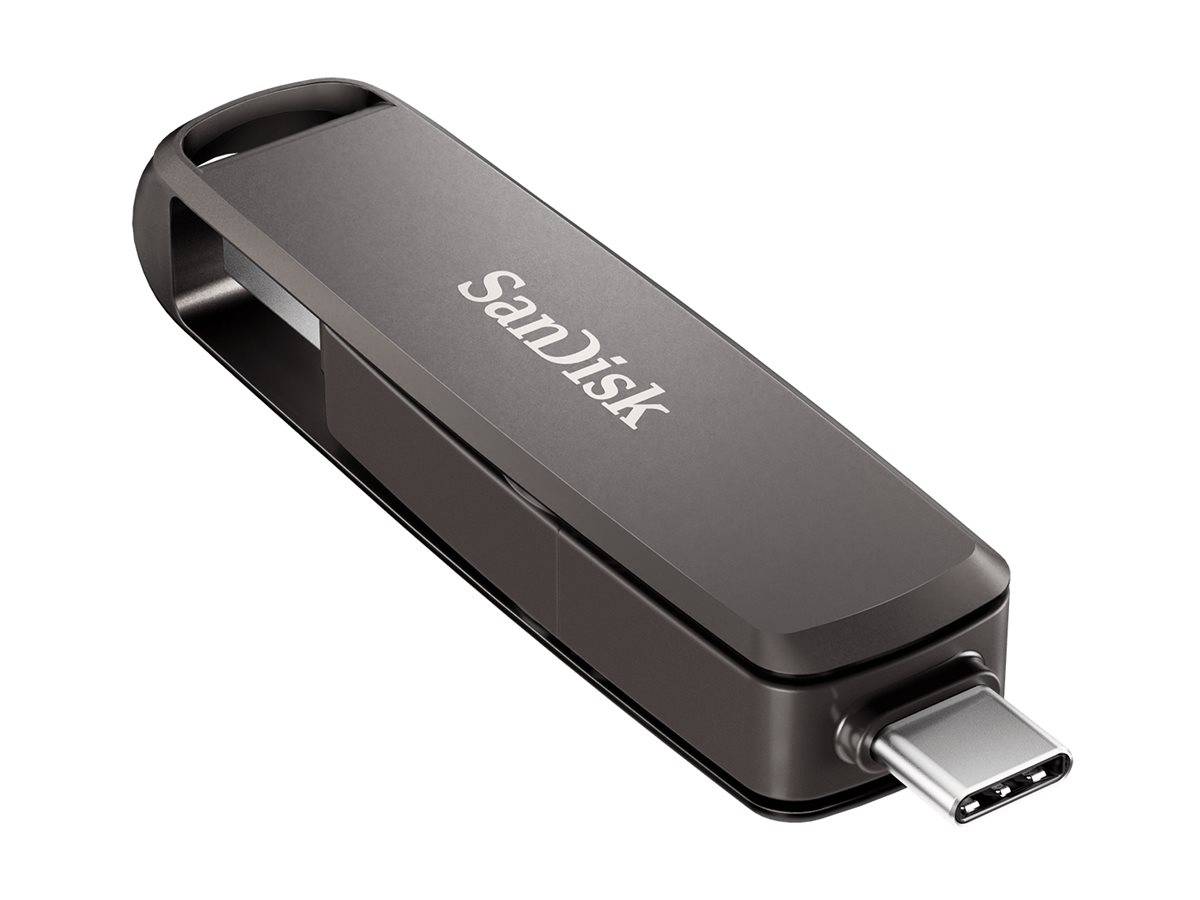 Ein schwarzer SanDisk USB-C-Stick mit elegantem Design, schräge Ansicht, die den USB-C-Anschluss unten zeigt.