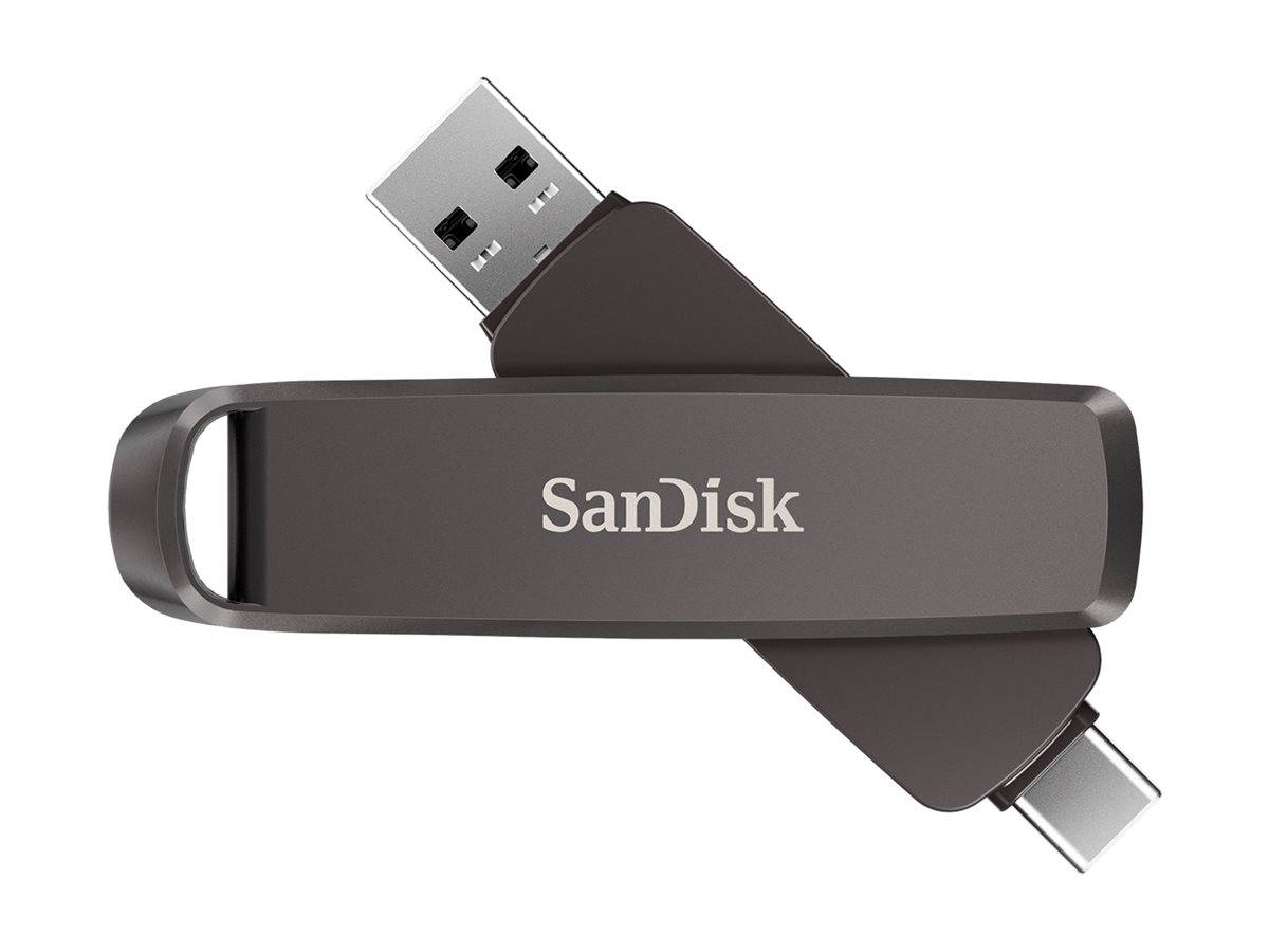 Ein SanDisk USB-Stick mit dualen Anschlüssen: USB Typ-A und USB Typ-C, entwickelt für vielseitigen Datentransfer zwischen verschiedenen Geräten.