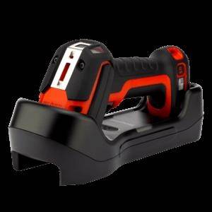 Kabelloses Elektrowerkzeug in einer Ladestation, schwarzes und rotes tragbares Gerät mit Batterieanzeige und Griffgriff.