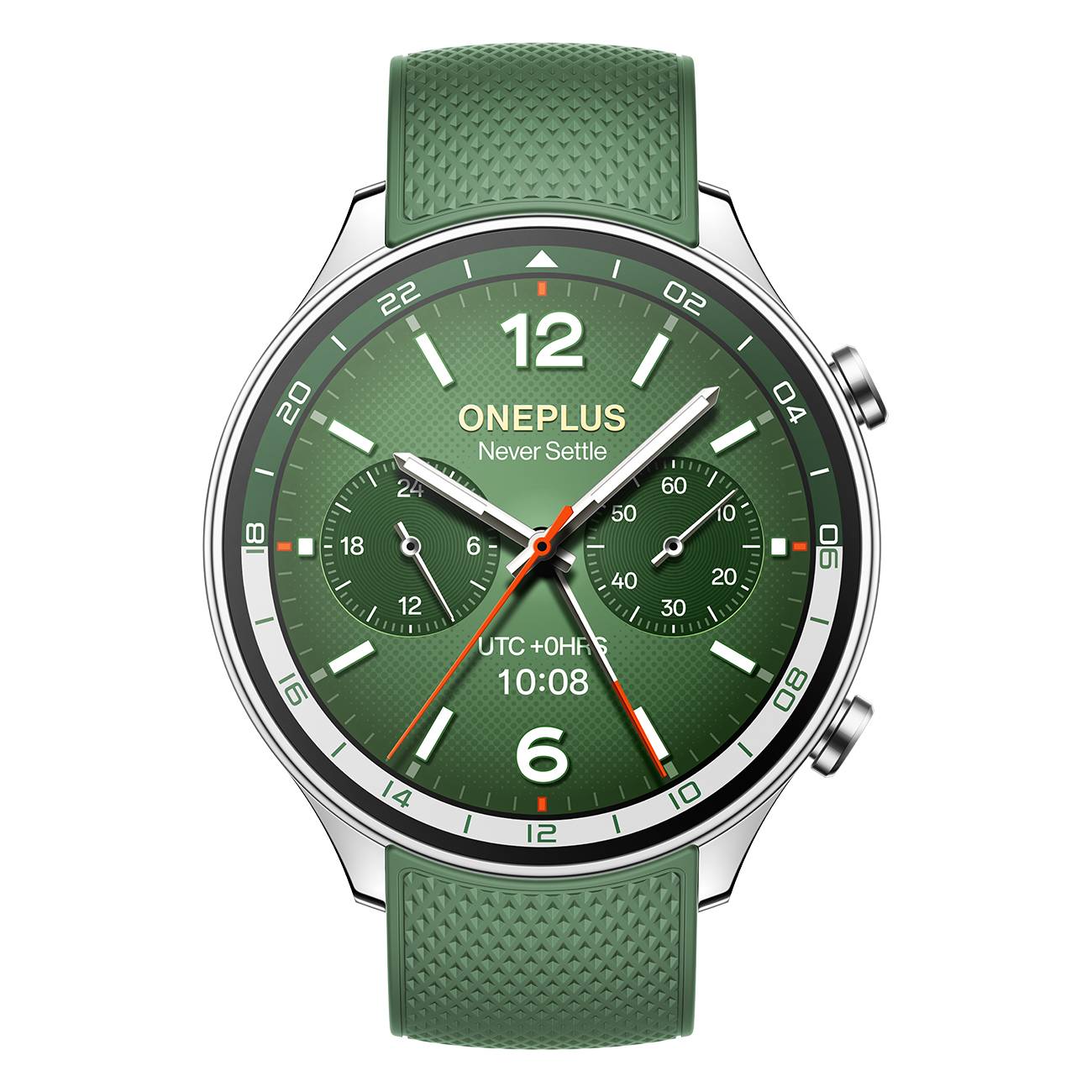 Grüne OnePlus-Smartwatch mit analog-ähnlichem Zifferblatt, zeigt 10:08 und „UTC+0HFF