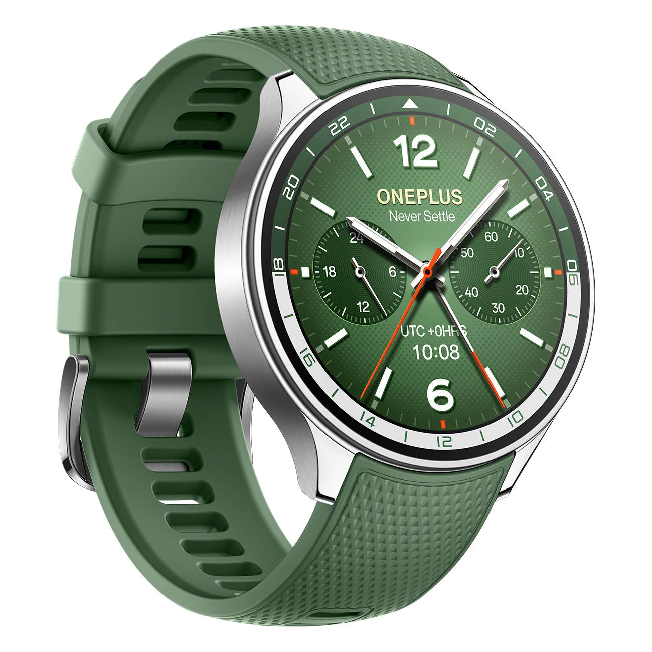Grüne OnePlus-Smartwatch mit analogem Zifferblatt, Text „Never Settle