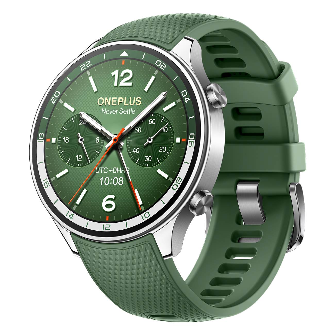 Grüne OnePlus-Smartwatch mit rundem Gehäuse und passendem Silikonarmband, zeigt Analog- und Digitalzeit auf einem grünen Zifferblatt.