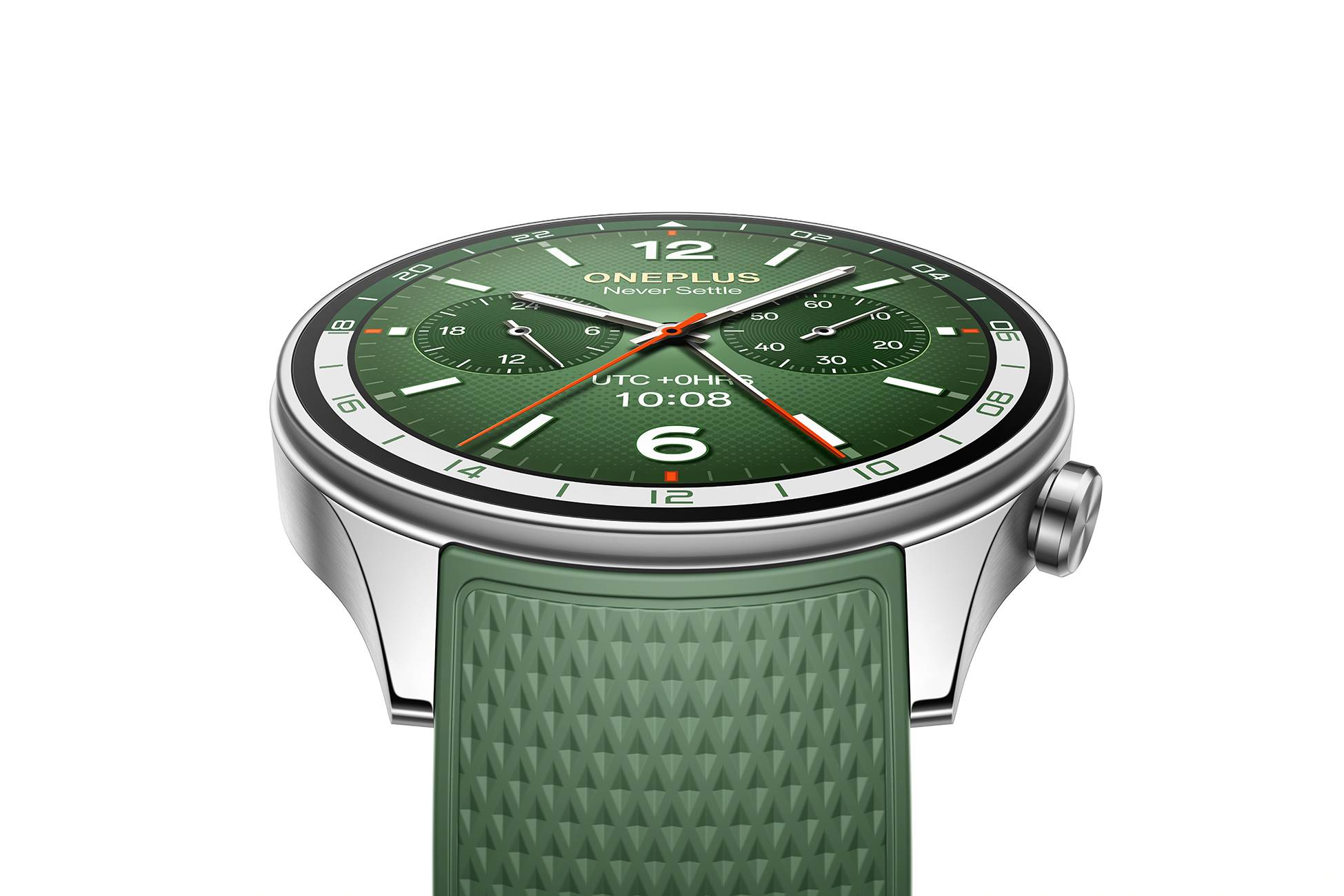 Nahaufnahme einer OnePlus-Smartwatch mit grünem Zifferblatt, silbernem Gehäuse und grünem strukturiertem Armband auf weißem Hintergrund.