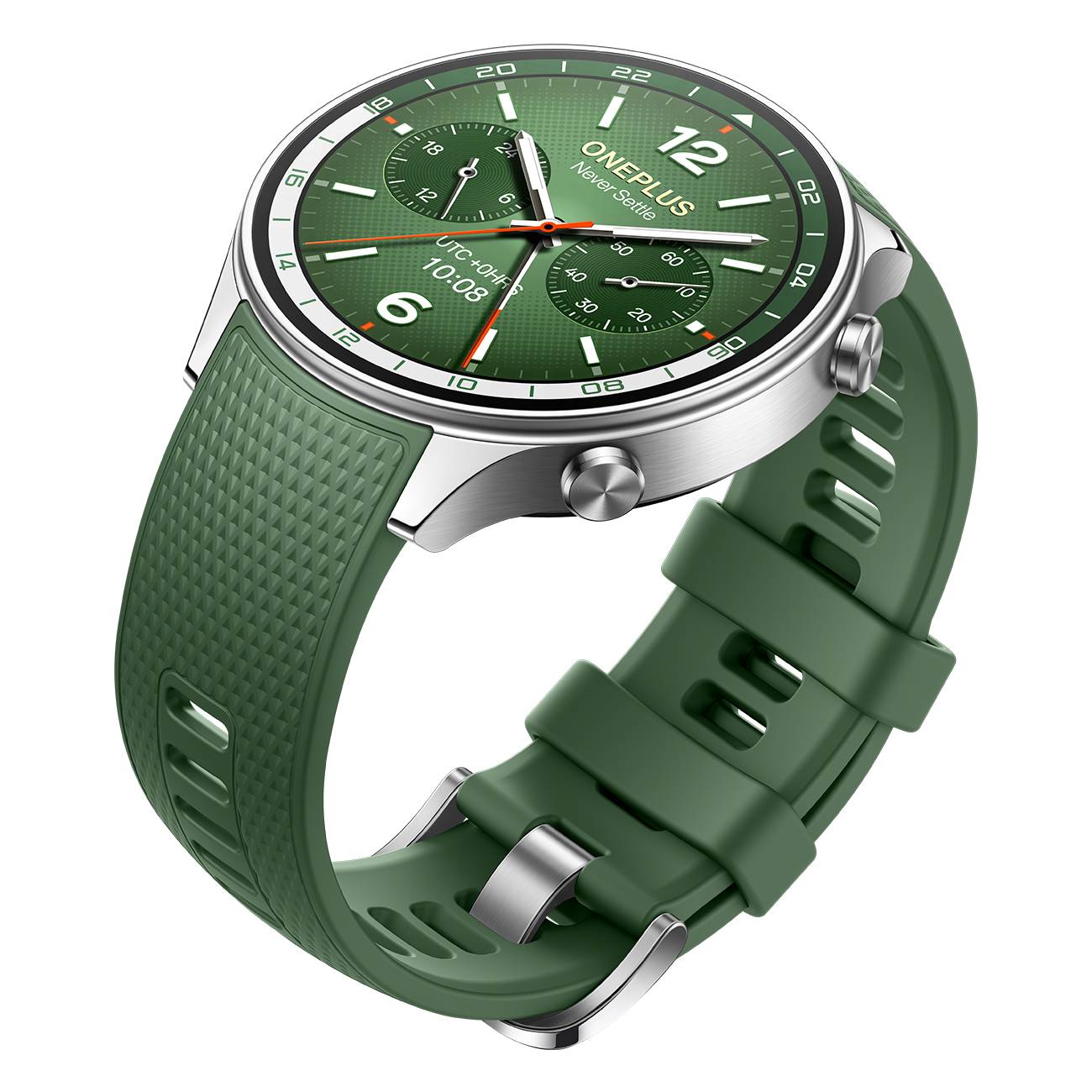 Grüne OnePlus-Armbanduhr mit strukturiertem Silikonarmband, rundem Analog-Digital-Zifferblatt und silbernem Gehäuse auf weißem Hintergrund.