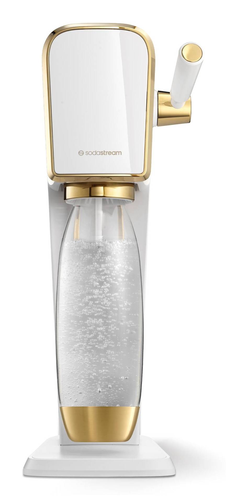 Ein Gold-und-Weiß funkelnder Wasserspender auf einem Sockel, mit einem Seitenhebel und einer transparenten Flasche gefüllt mit Mineralwasser.