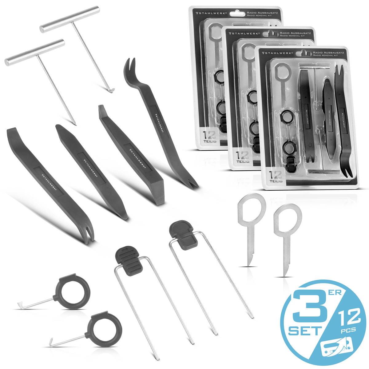STAHLWERK 3x Kfz Radio Ausbauset 12-teilig Ausbauwerkzeug Demontage Werkzeug