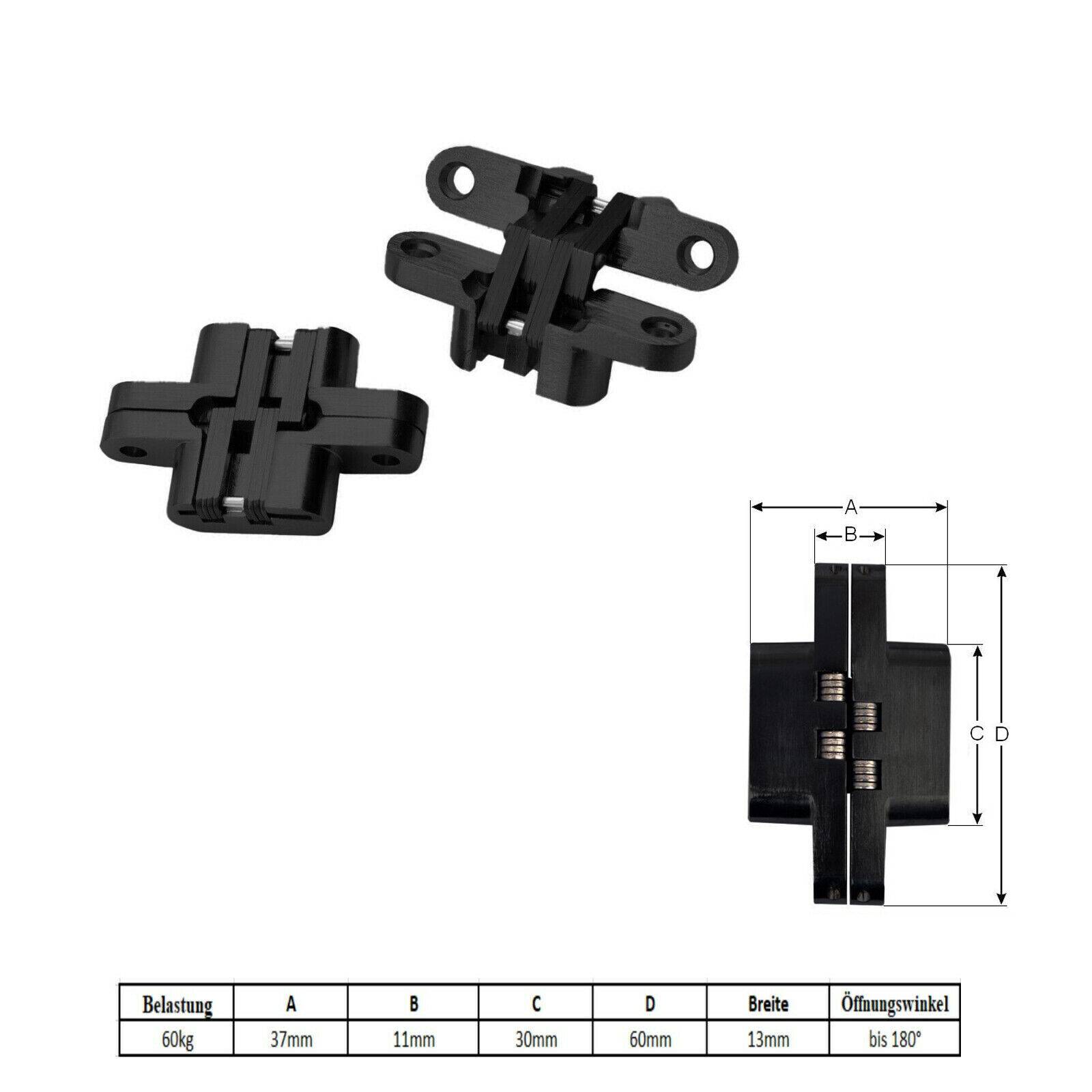 2x Edelstahl 180° Kreuz Schwerlastscharnier verdeckte Montage Scharnier Schwarz 60kg
