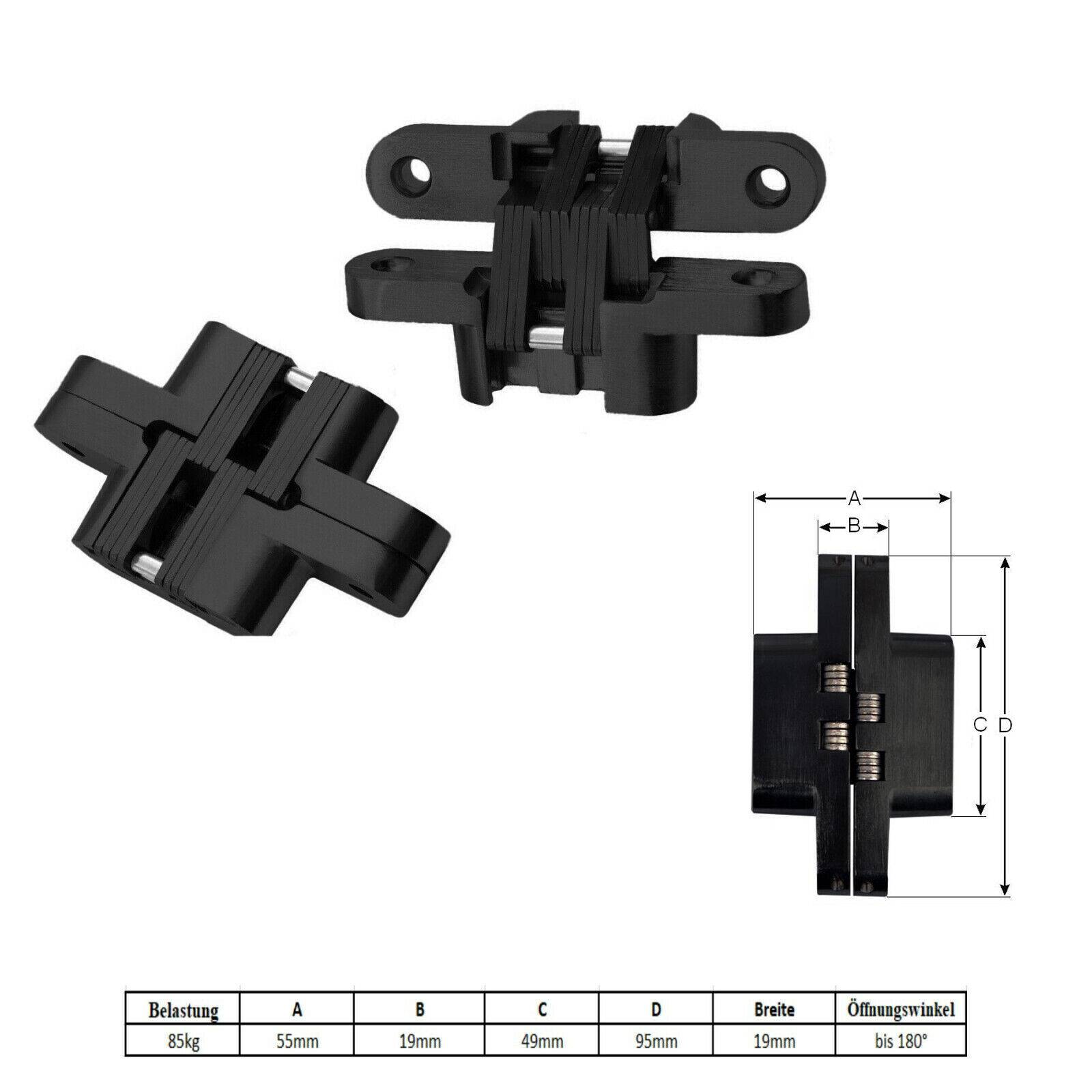 2x Edelstahl 180° Kreuz Schwerlastscharnier verdeckte Montage Scharnier Schwarz 85kg