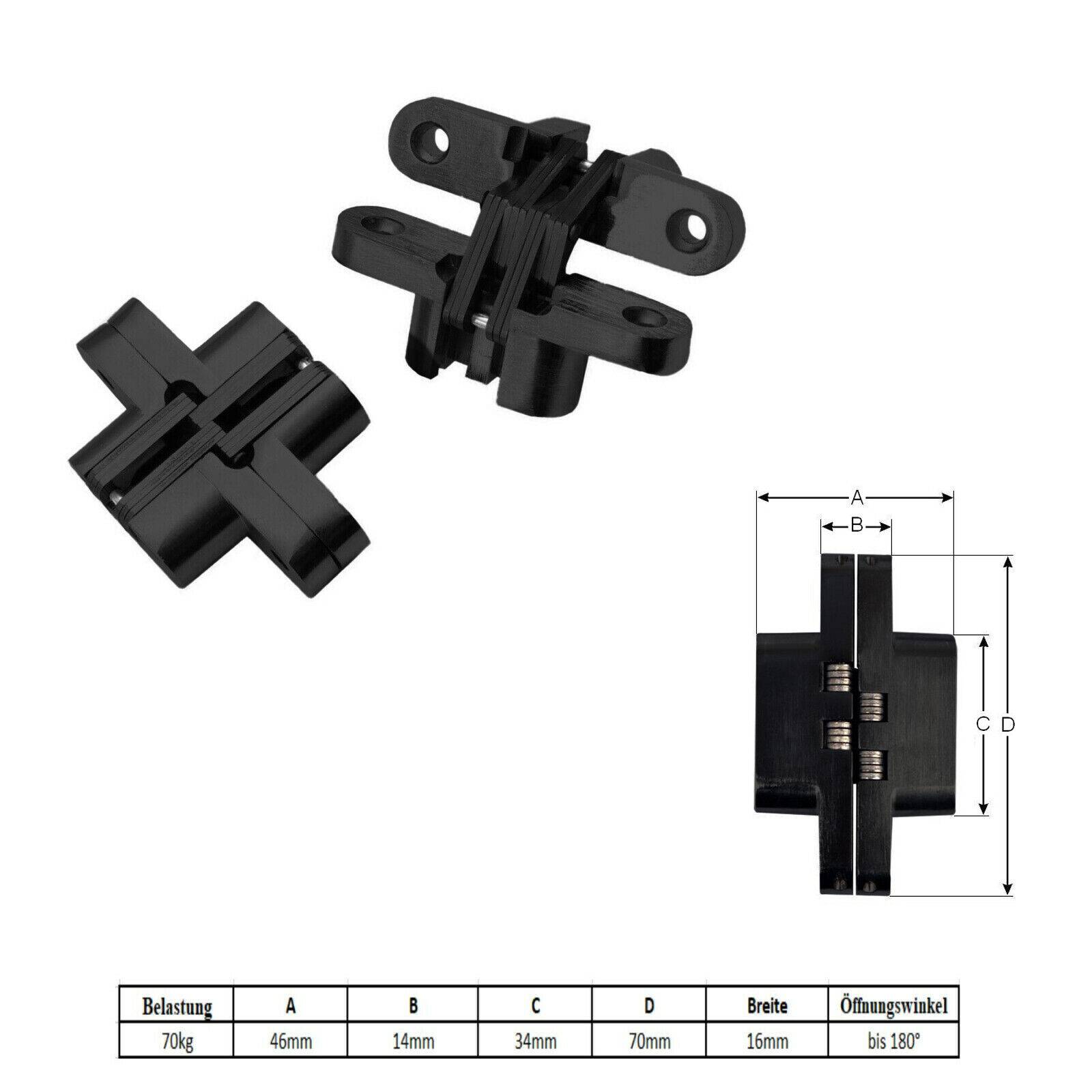 2x Edelstahl 180° Kreuz Schwerlastscharnier verdeckte Montage Scharnier Schwarz 70kg