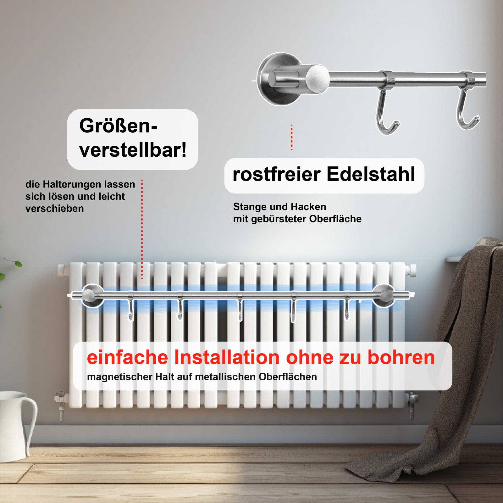 Edelstahl Handtuchhalter mit 5 Haken Magnet Halterung Heizkörper Magnethalterung 40cm