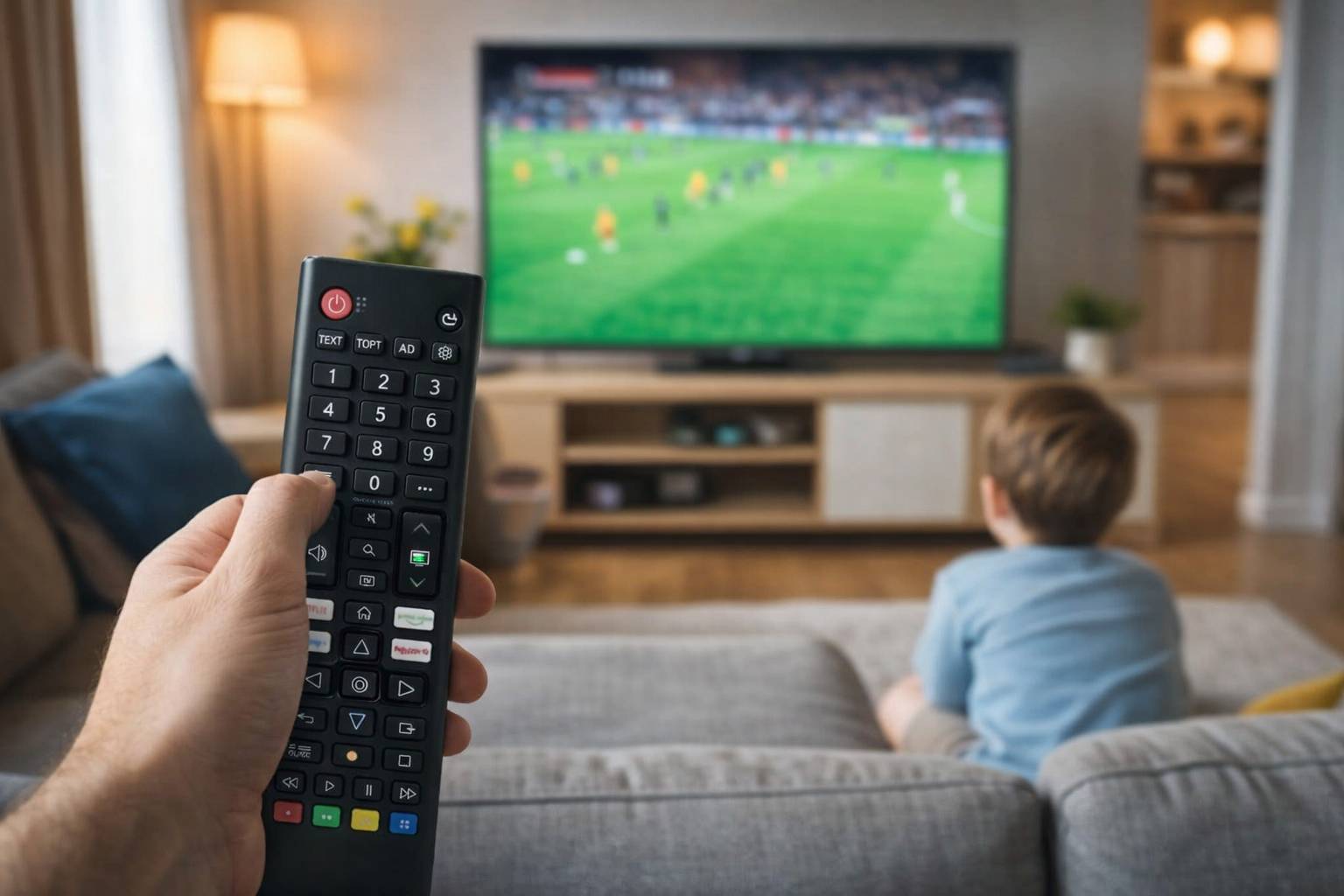Eine Person, die eine Fernbedienung hält, sitzt auf einem Sofa und schaut sich ein Fußballspiel auf einem großen Flachbildfernseher im Wohnzimmer an.