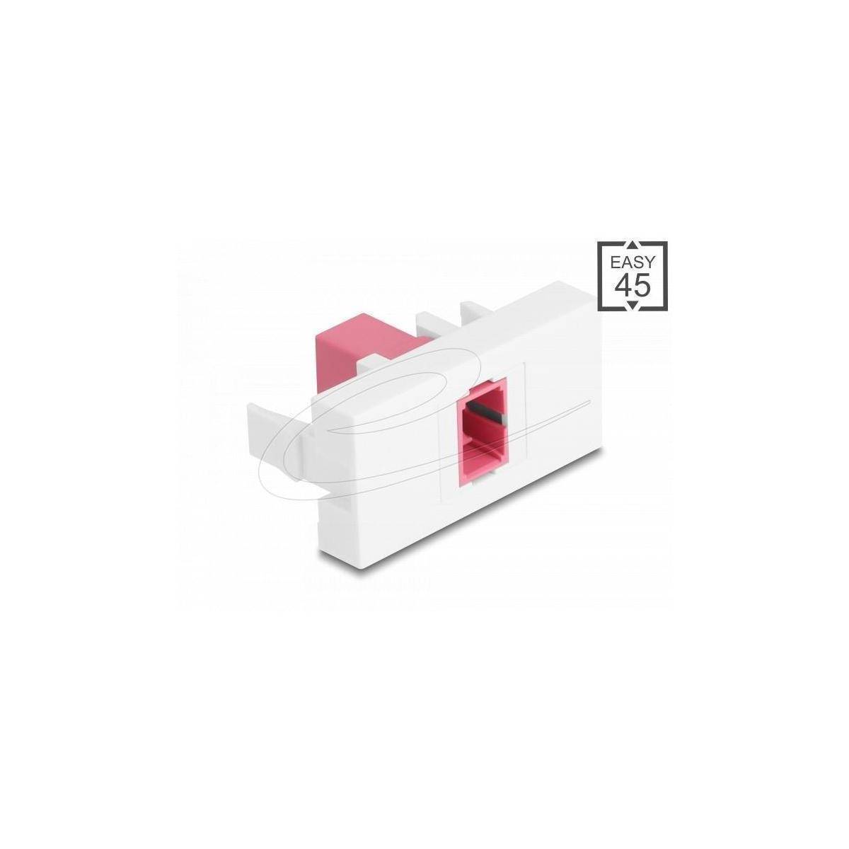 Ein weißer und pinker modularer Stecker, beschriftet mit 'Easy 45'. Geeignet für Netzwerkverbindungen.