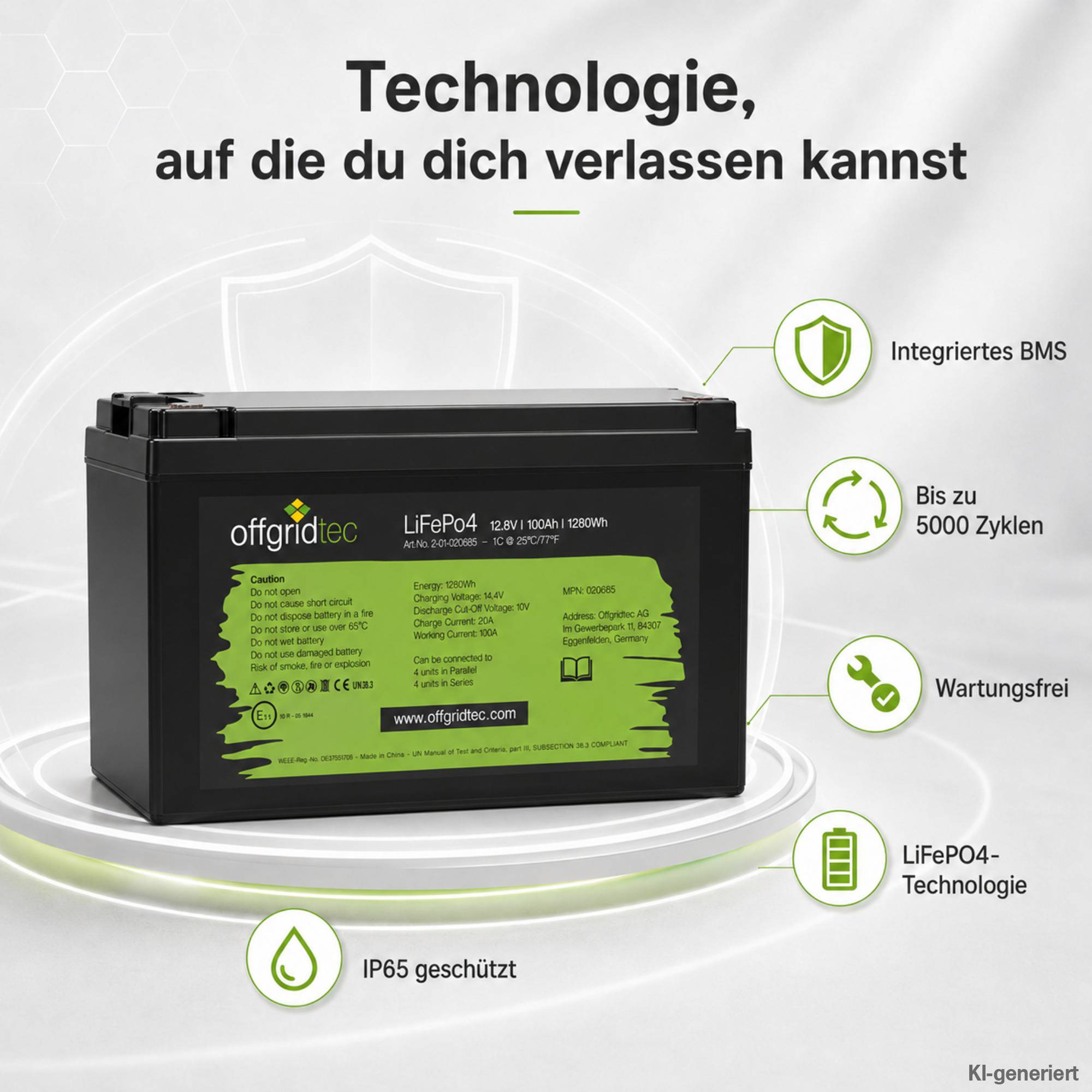 Offgridtec LiFePo4 Akku 12/100 12,8V 100Ah BMS integriert 1280Wh