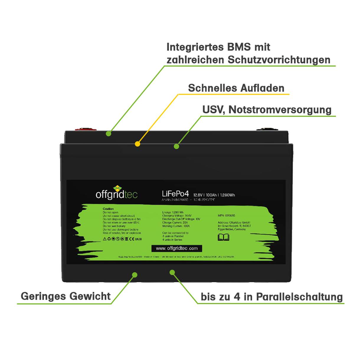 Offgridtec LiFePo4 Akku 12/100 12,8V 100Ah BMS integriert 1280Wh