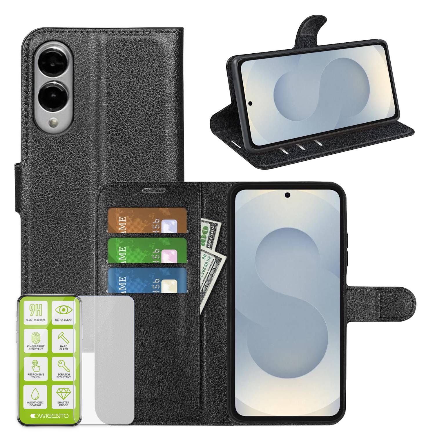 Für Samsung Galaxy S25 Edge 5G Kunstleder Book Wallet Handy Tasche Schwarz + 9H Hart Glas