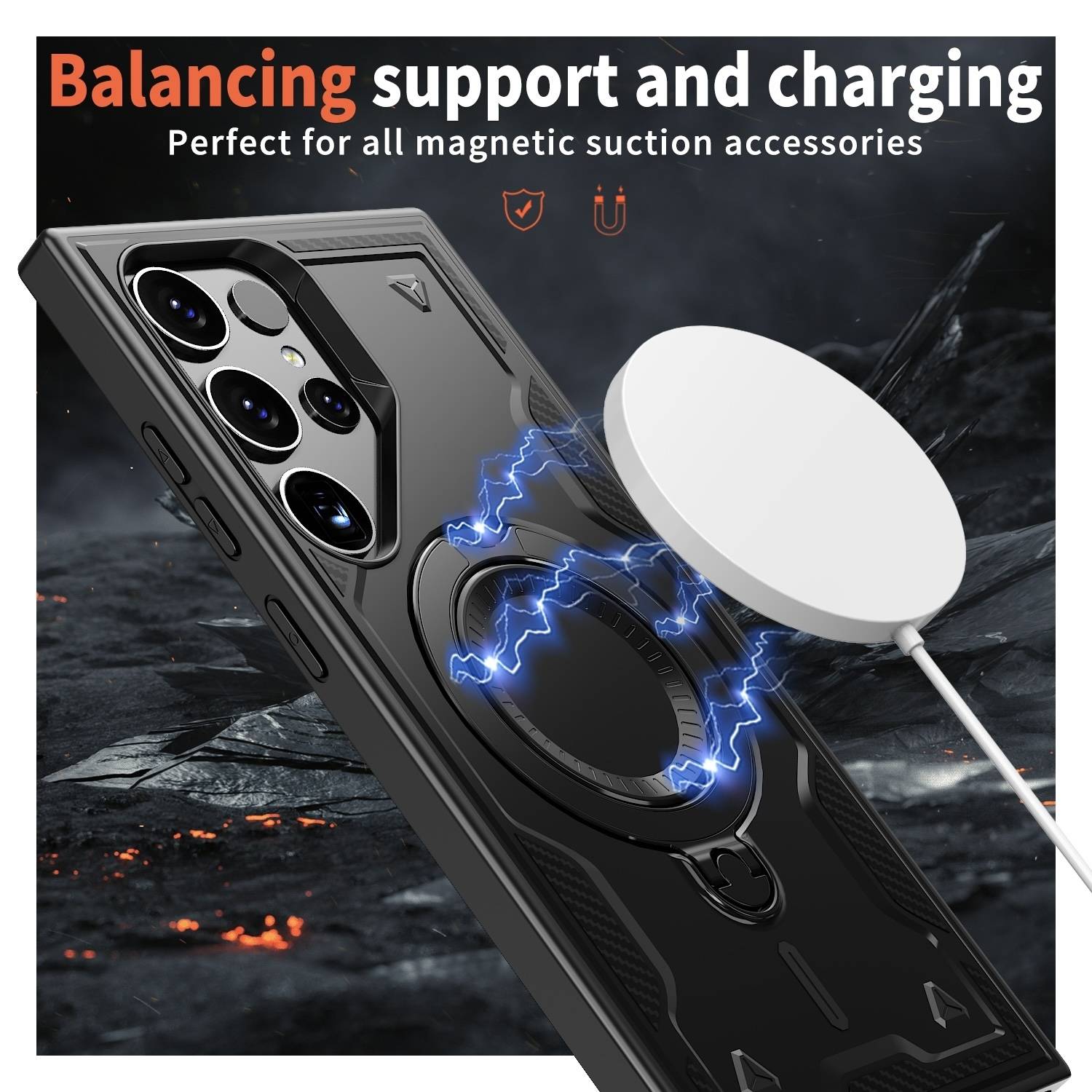 Für Samsung Galaxy S25 Ultra 5G MagSafe Ringhalter PC Hybrid TPU Hülle Schwarz