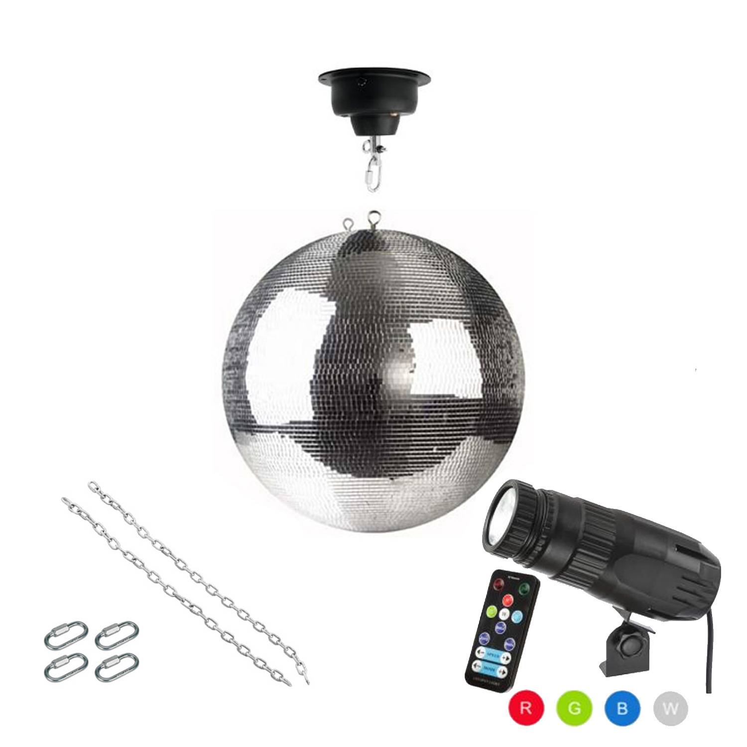 Spiegelkugel Komplettset 40cm mit Motor, 9W LED Pinspot (RGB) PREMIUM
