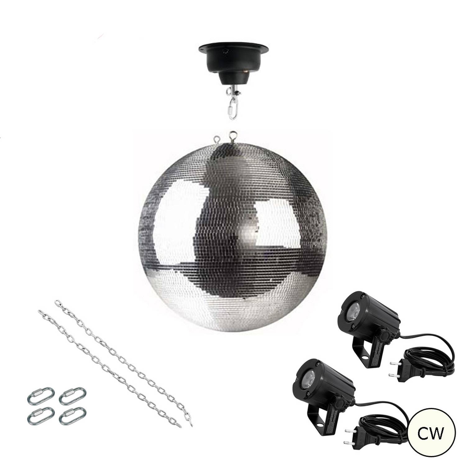 Eine silberne Discokugel mit Beleuchtung, Aufhängeketten und Befestigungszubehör. Geeignet für Partys oder Veranstaltungen und zum Erzeugen von reflektierenden Lichteffekten.