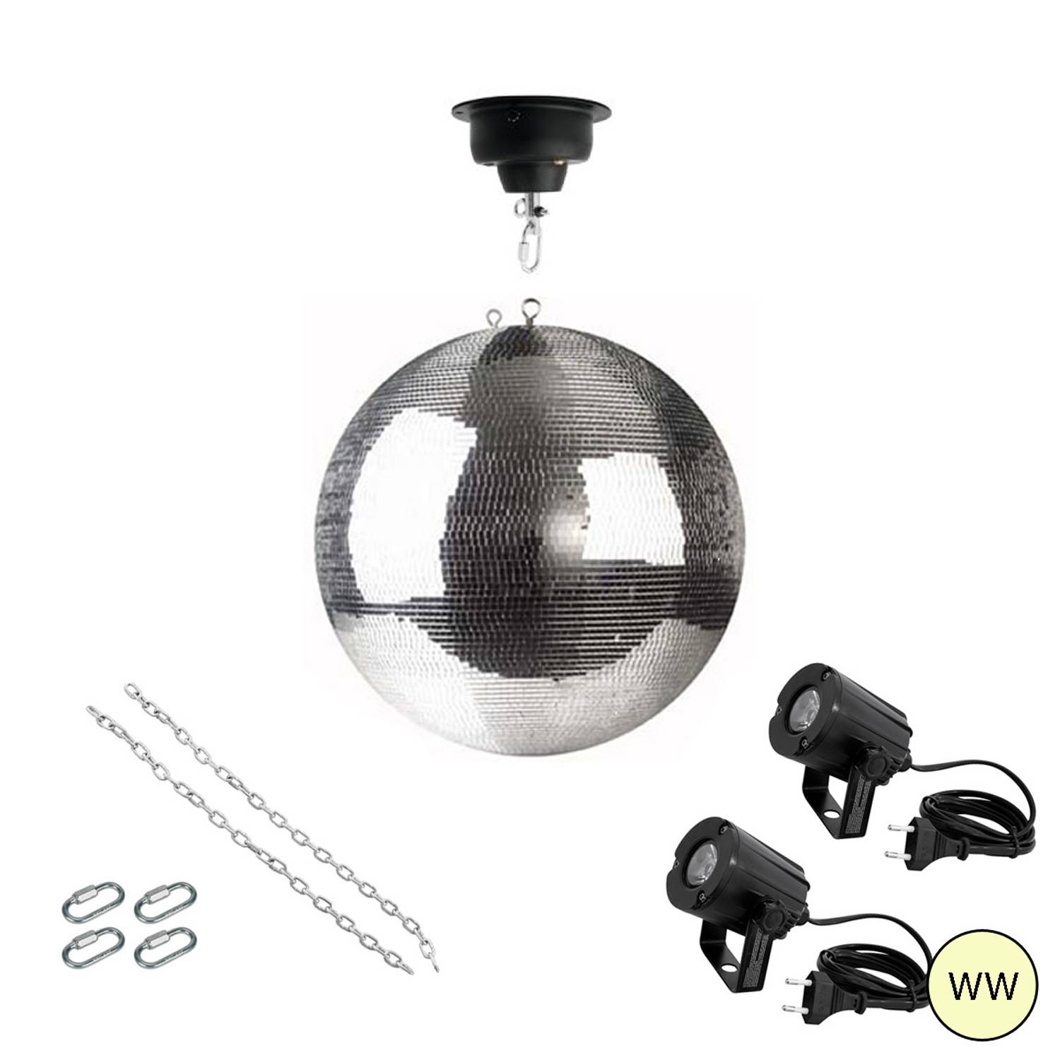 Spiegelkugel Komplettset 40cm mit Motor, 2 x LED Pinspot (warmweiss) PROFI