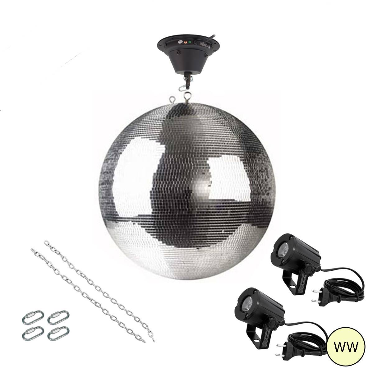 Spiegelkugel Komplettset 50cm mit Motor, 2 x LED Pinspot (warmweiss) PROFI