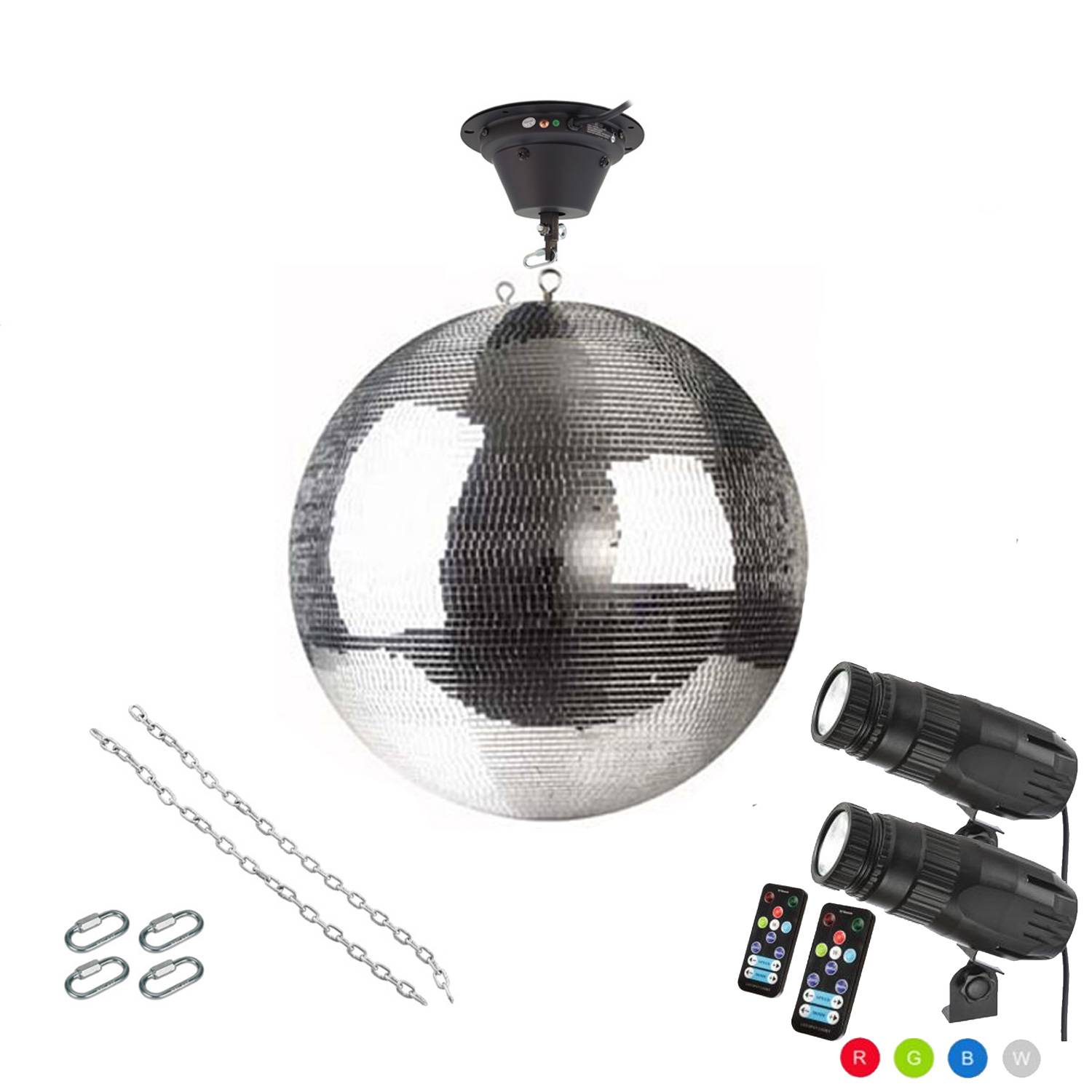 Spiegelkugel Komplettset 50cm mit Motor, 2 x 9W LED Pinspot (RGB) PREMIUM