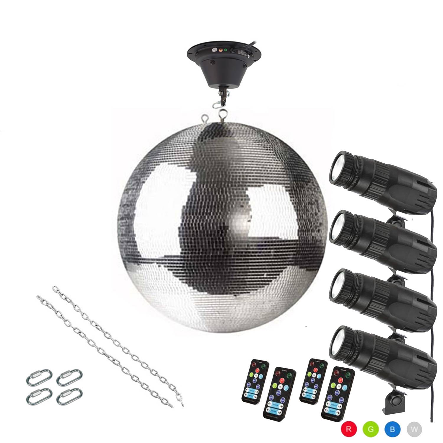 Spiegelkugel Komplettset 50cm mit Motor, 4 x 9W LED Pinspot (RGB)PREMIUM