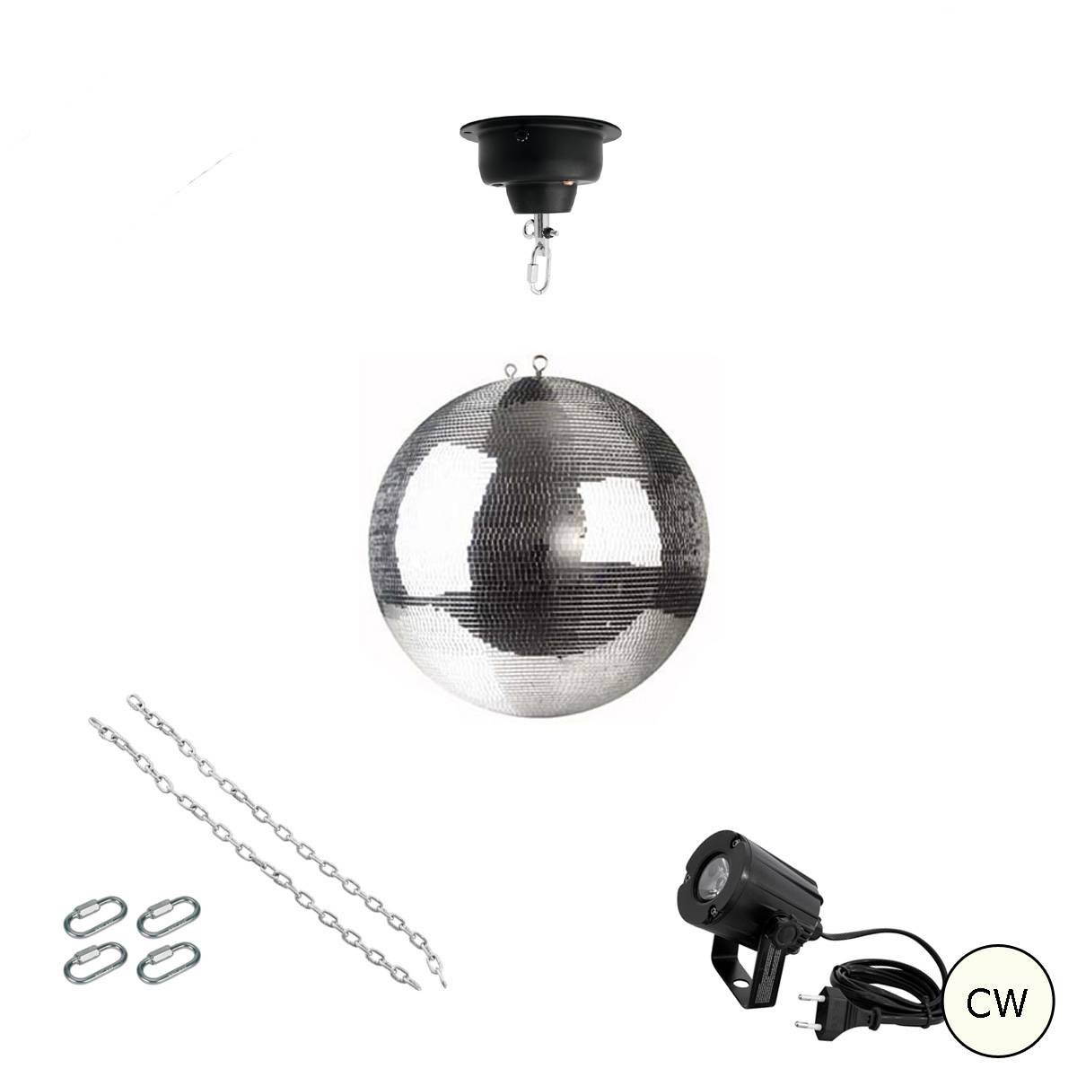 Spiegelkugel Komplettset 30cm Discokugel mit Motor LED Pinspot (kaltweiss)