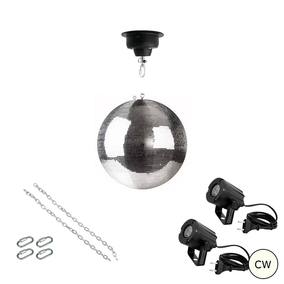 Spiegelkugel Komplettset 30cm Discokugel mit Motor 2x LED Pinspot (kaltweiss)