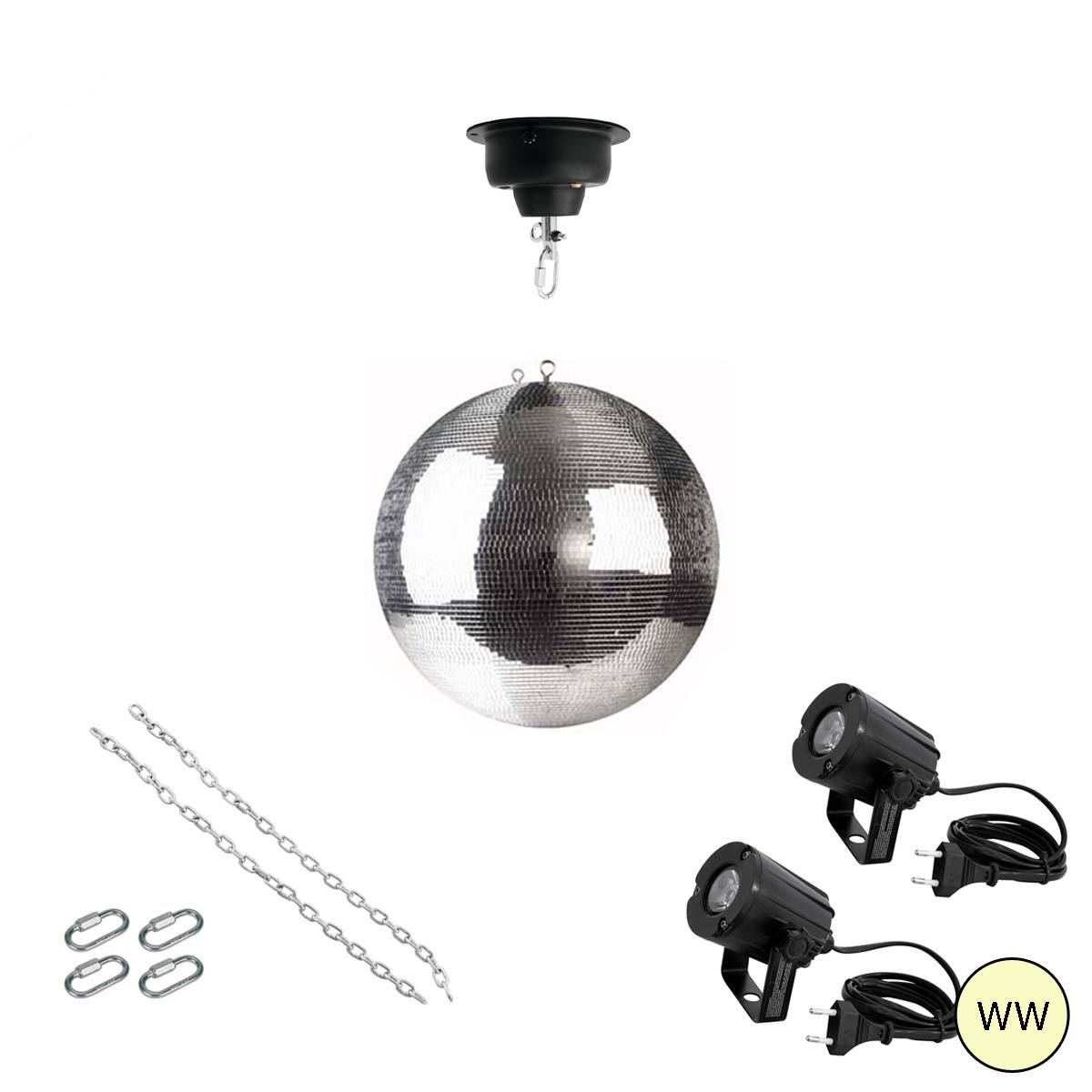 Spiegelkugel Komplettset 30cm Discokugel mit Motor 2x LED Pinspot (warmweiss)