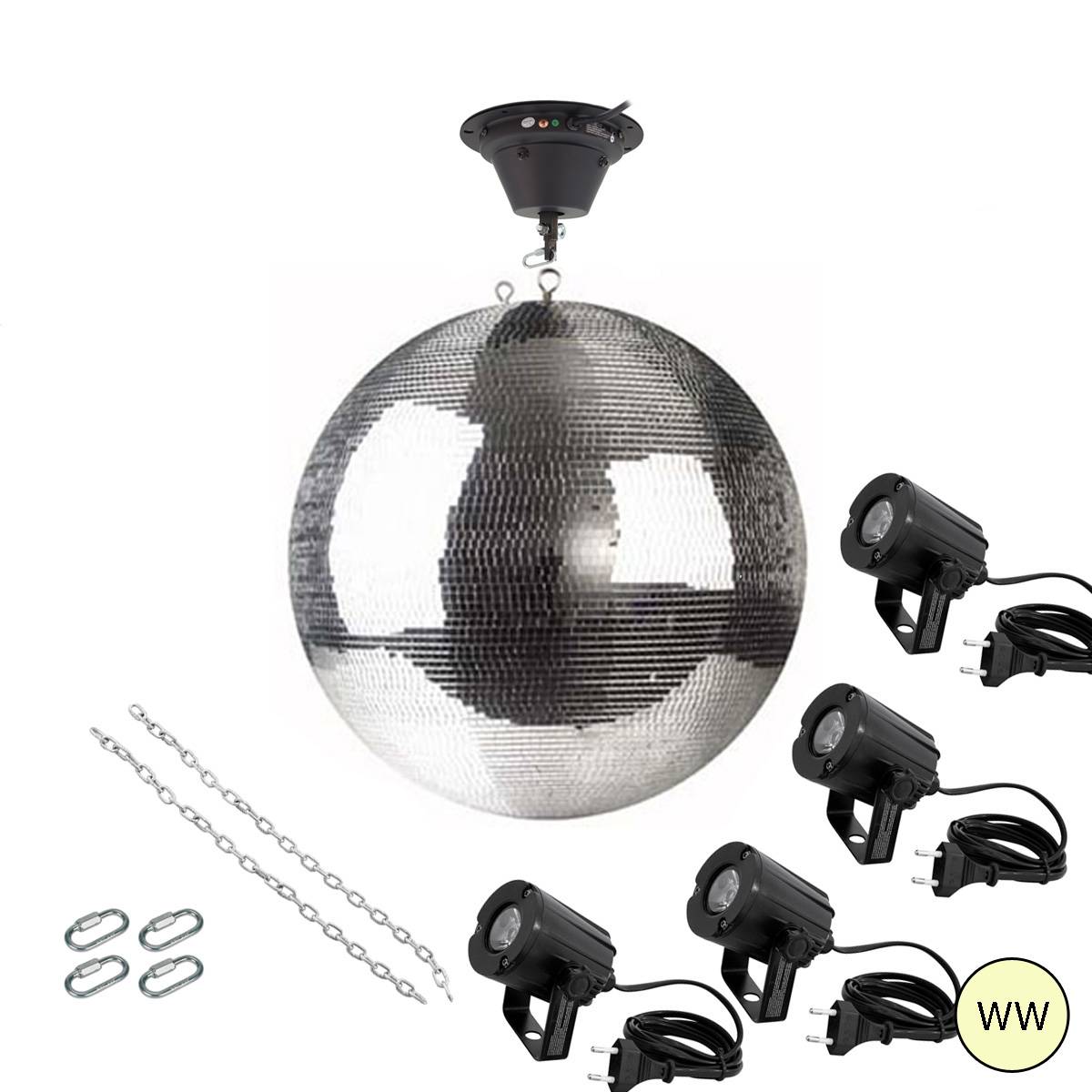 Spiegelkugel Komplettset 50cm mit Motor, 4 x LED Pinspot (warmweiss) PREMIUM