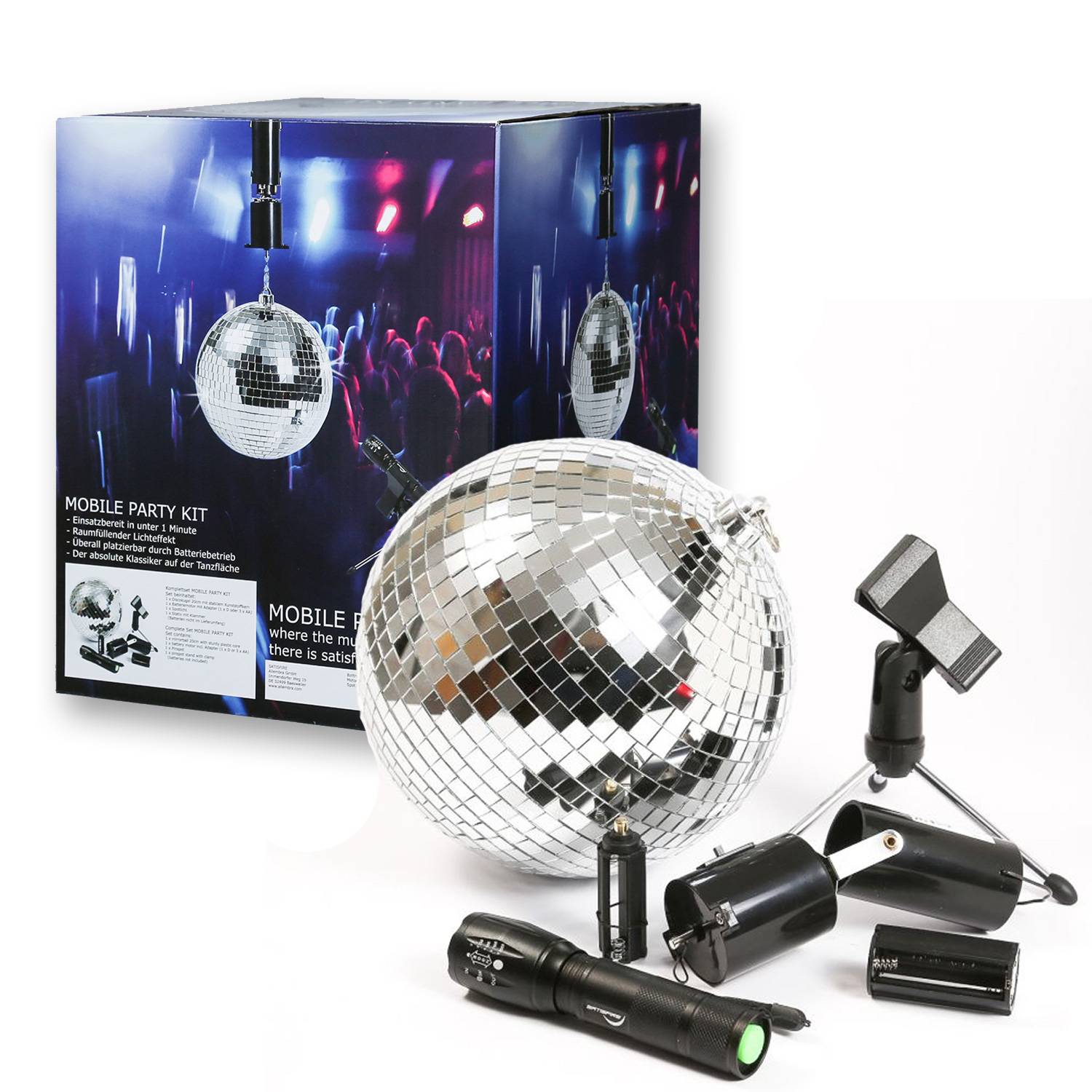 Discokugel Set Mobile Party Kit Komplettset mit 20cm Kugel Motor Spot Stativ