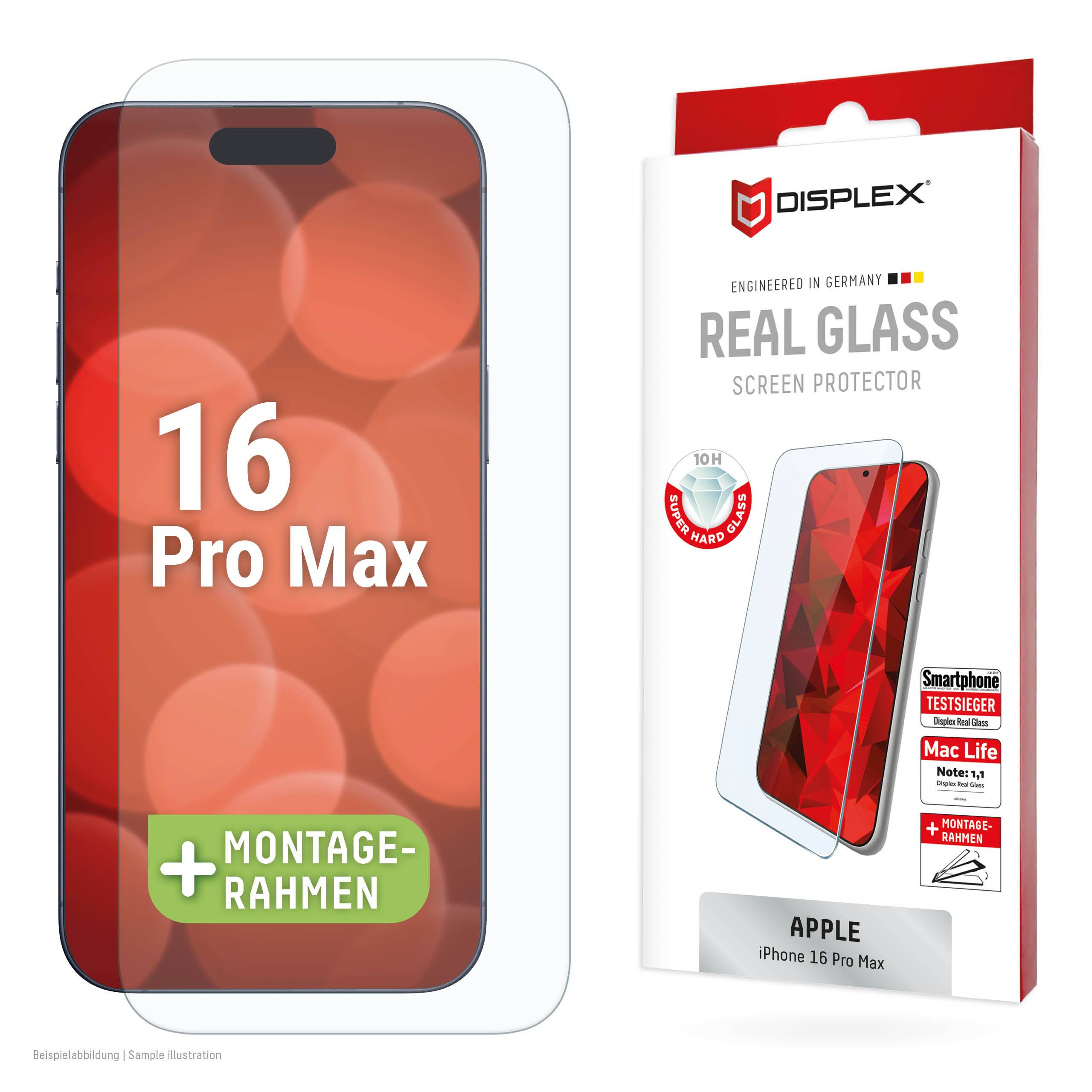 DISPLEX Panzerglas (10H, 2D) für Apple iPhone 16 Pro Max, Eco-Montagerahmen, kratzer-resistent