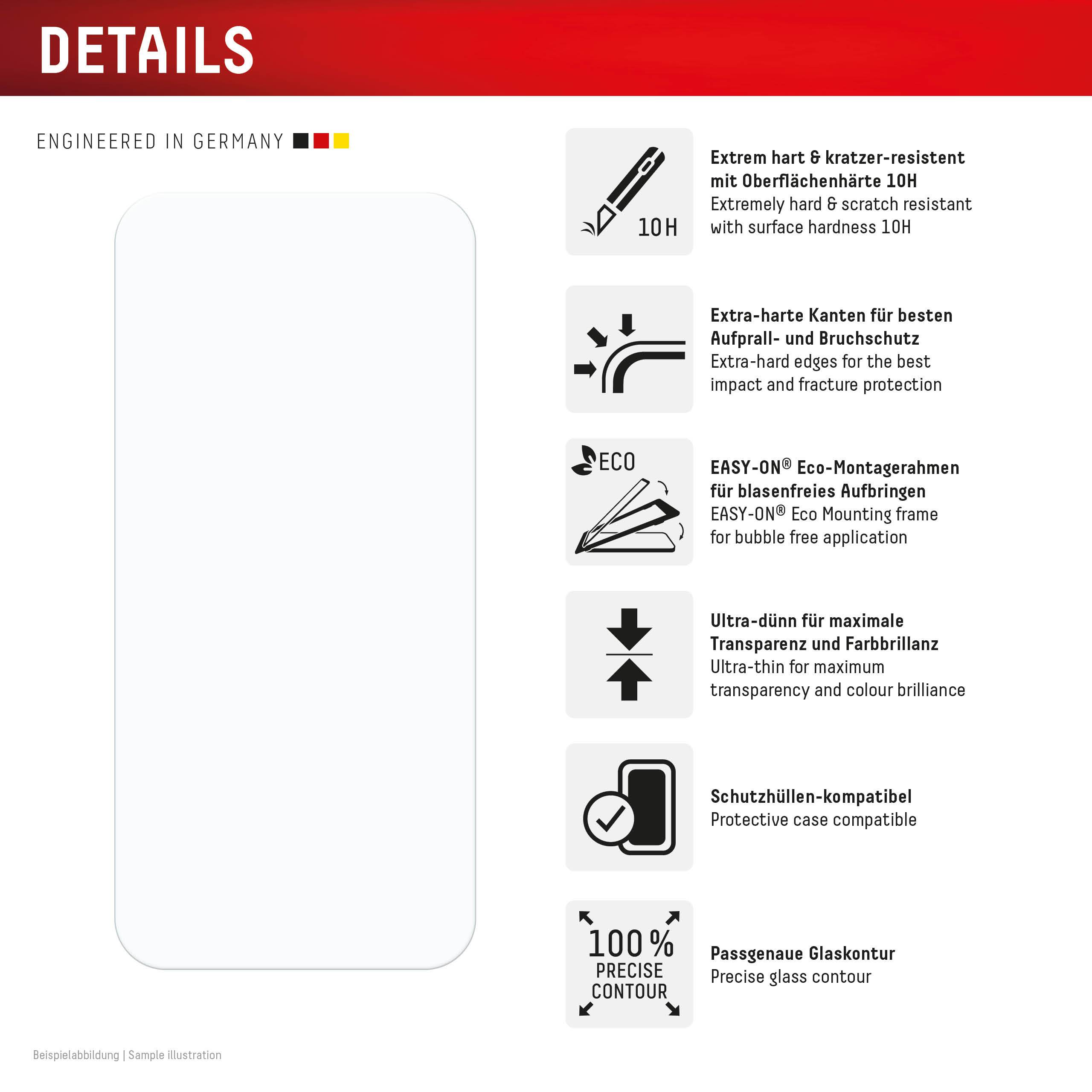 DISPLEX Panzerglas (10H, 2D) für Apple iPhone 15/15 Pro/16, Eco-Montagerahmen, kratzer-resistent