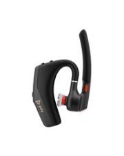Schwarzes kabelloses Bluetooth-Headset mit gebogenem Ohrbügel und aufrechtem Mikrofonstab auf weißem Hintergrund.