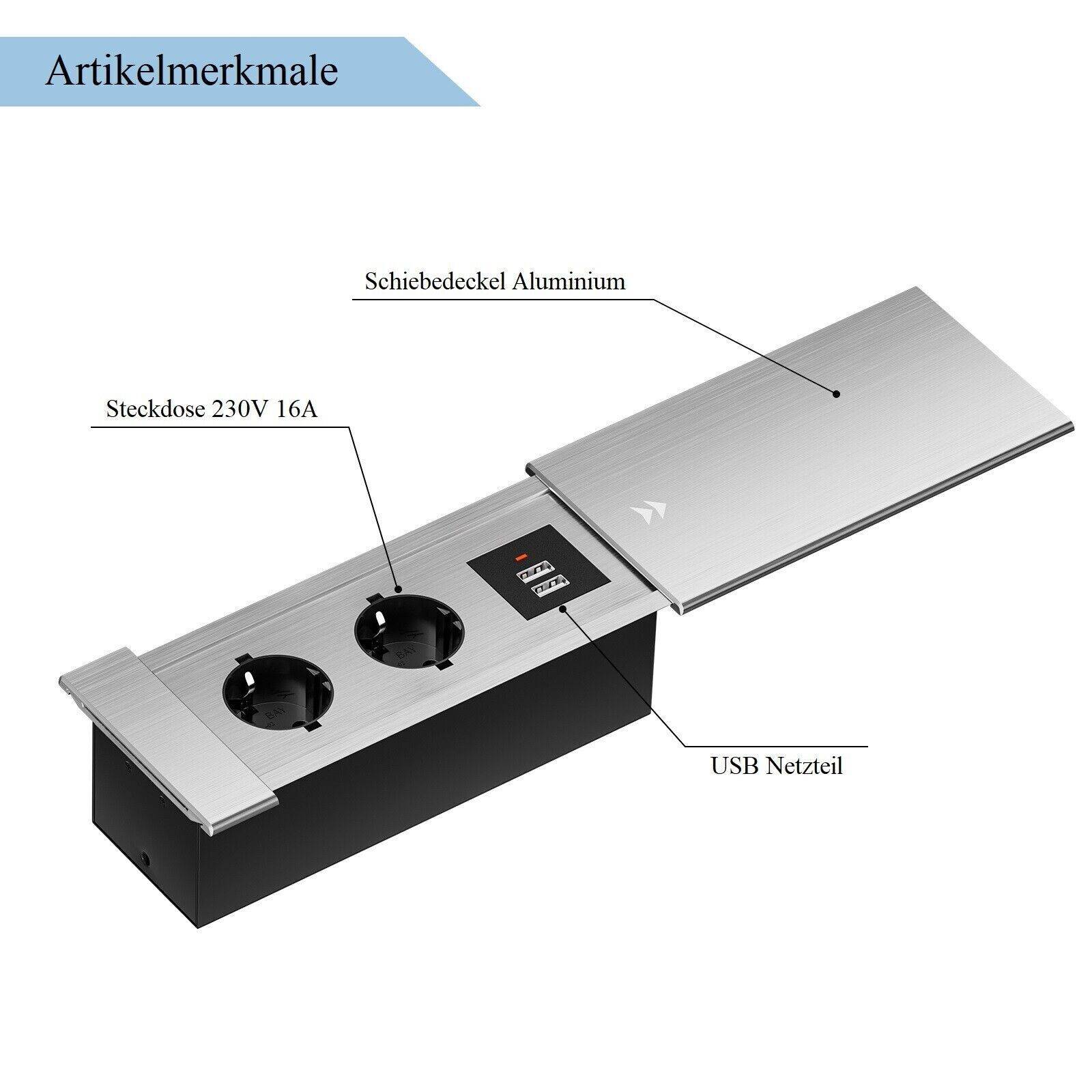 Einbausteckdose Aluminium Tischsteckdose Bodensteckdose Fußboden Steckdose 230V Modell A / 4-Fach / Silber