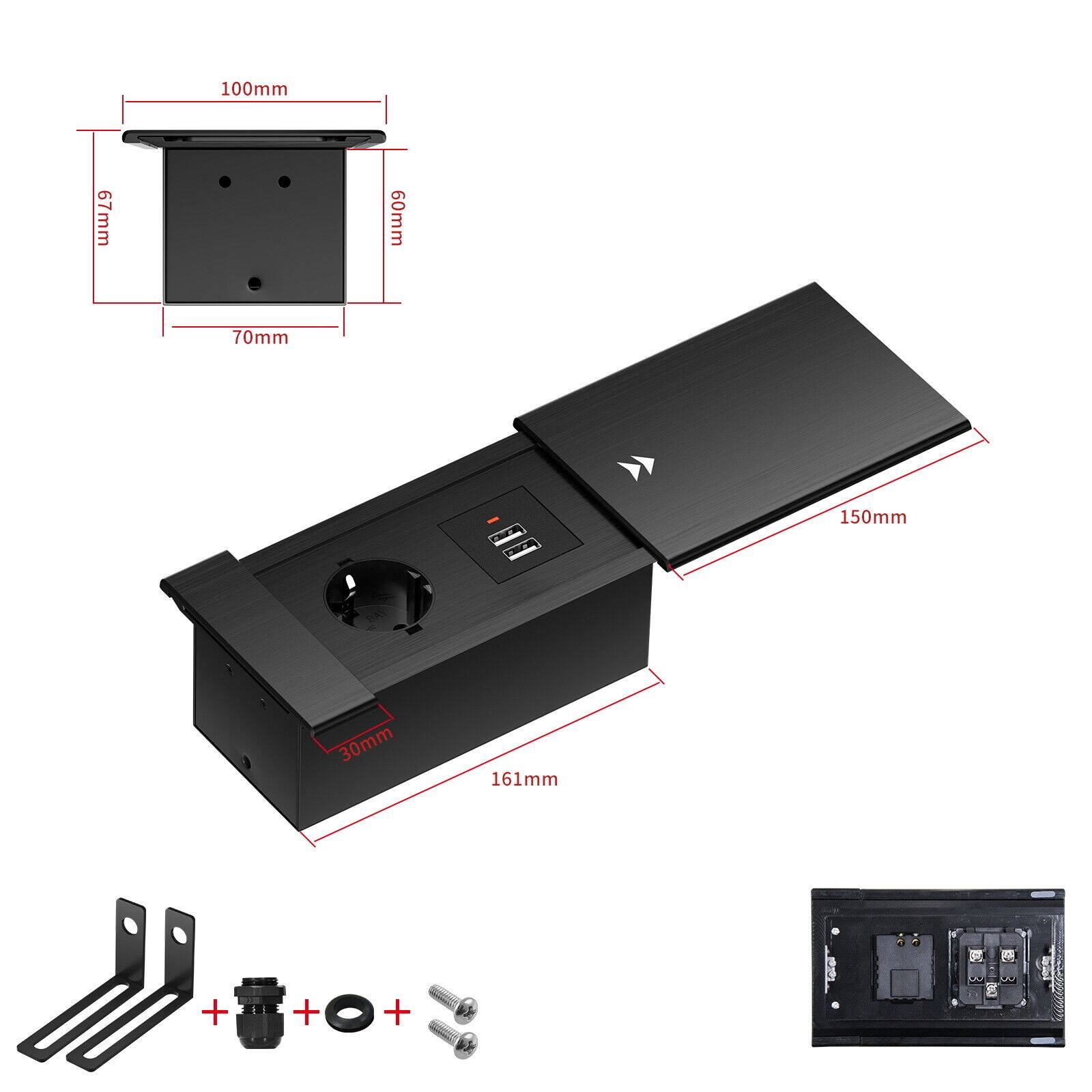 Einbausteckdose Aluminium Tischsteckdose Bodensteckdose Fußboden Steckdose 230V Modell A / 1-Fach + USB / Schwarz