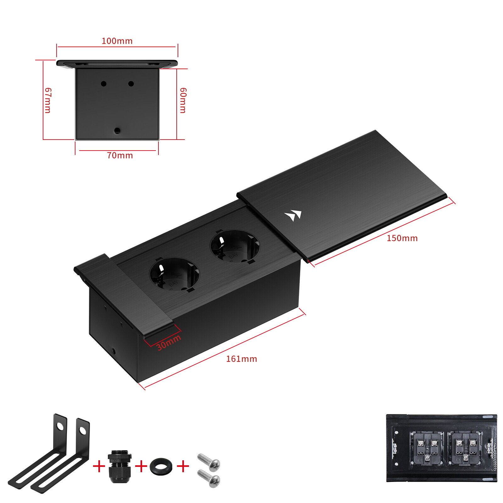 Einbausteckdose Aluminium Tischsteckdose Bodensteckdose Fußboden Steckdose 230V Modell A / 2-Fach / Schwarz