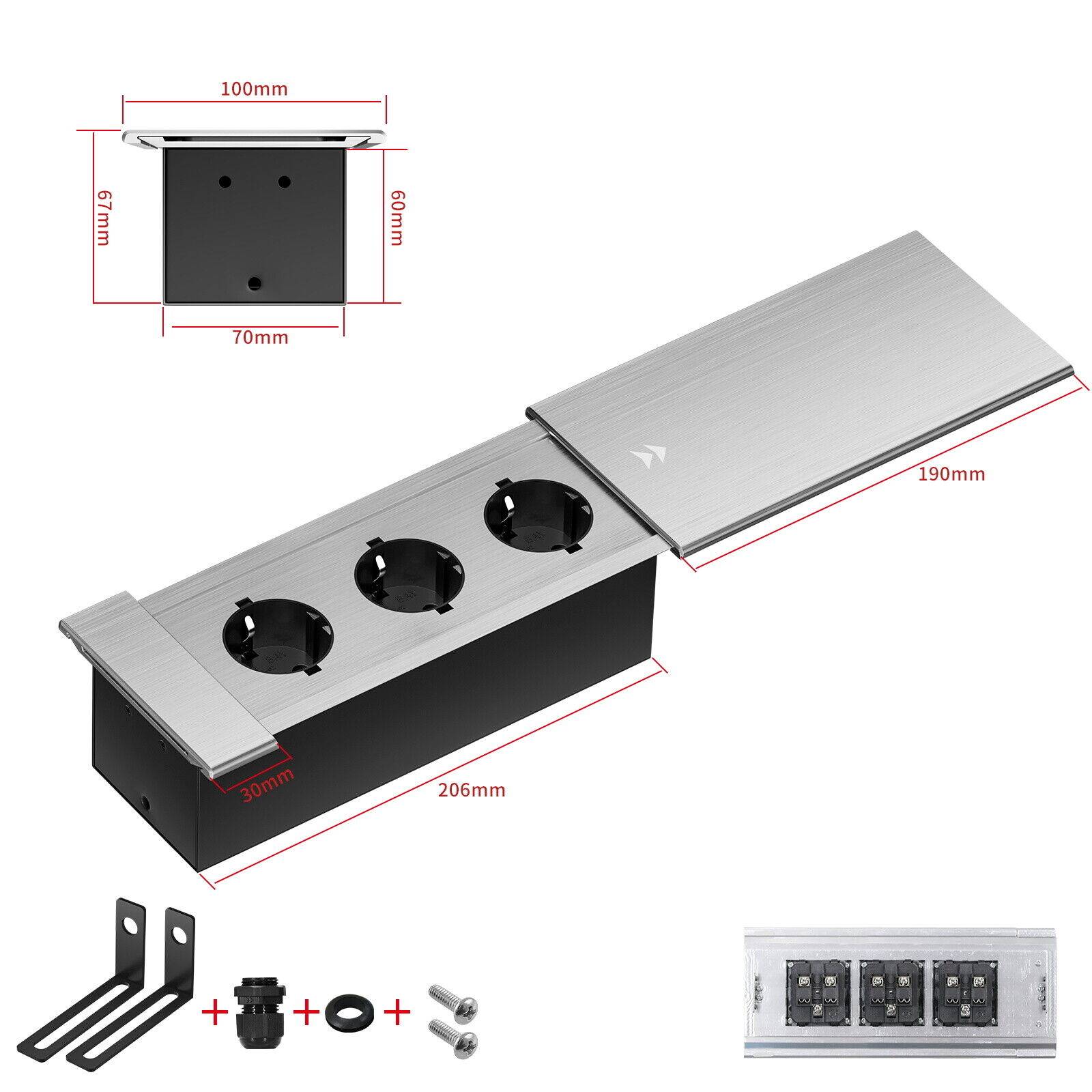 Einbausteckdose Aluminium Tischsteckdose Bodensteckdose Fußboden Steckdose 230V Modell A / 3-Fach / Silber