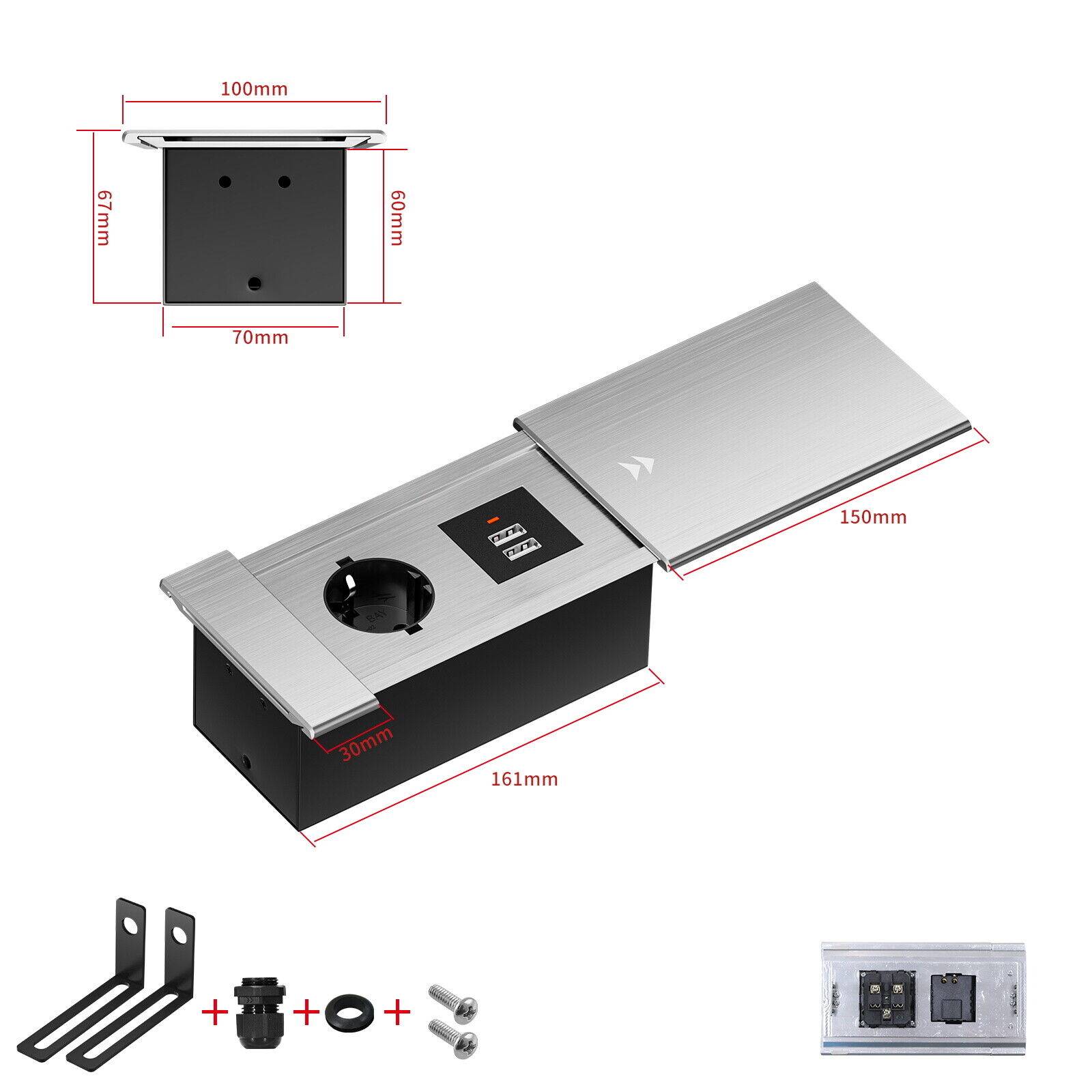 Einbausteckdose Aluminium Tischsteckdose Bodensteckdose Fußboden Steckdose 230V Modell A / 1-Fach + USB / Silber