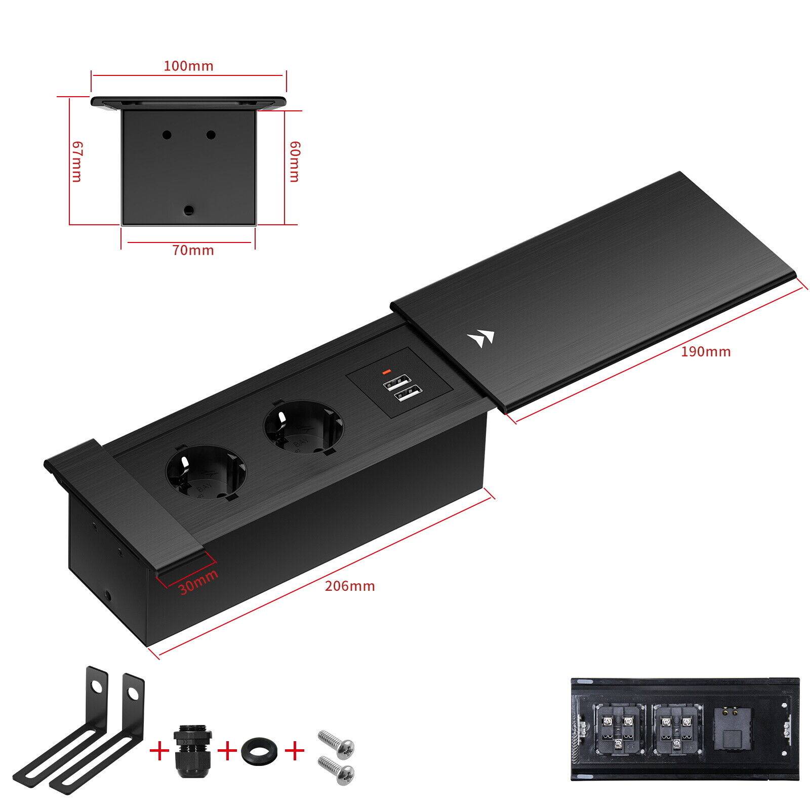 Einbausteckdose Aluminium Tischsteckdose Bodensteckdose Fußboden Steckdose 230V Modell A / 2-Fach + USB / Schwarz