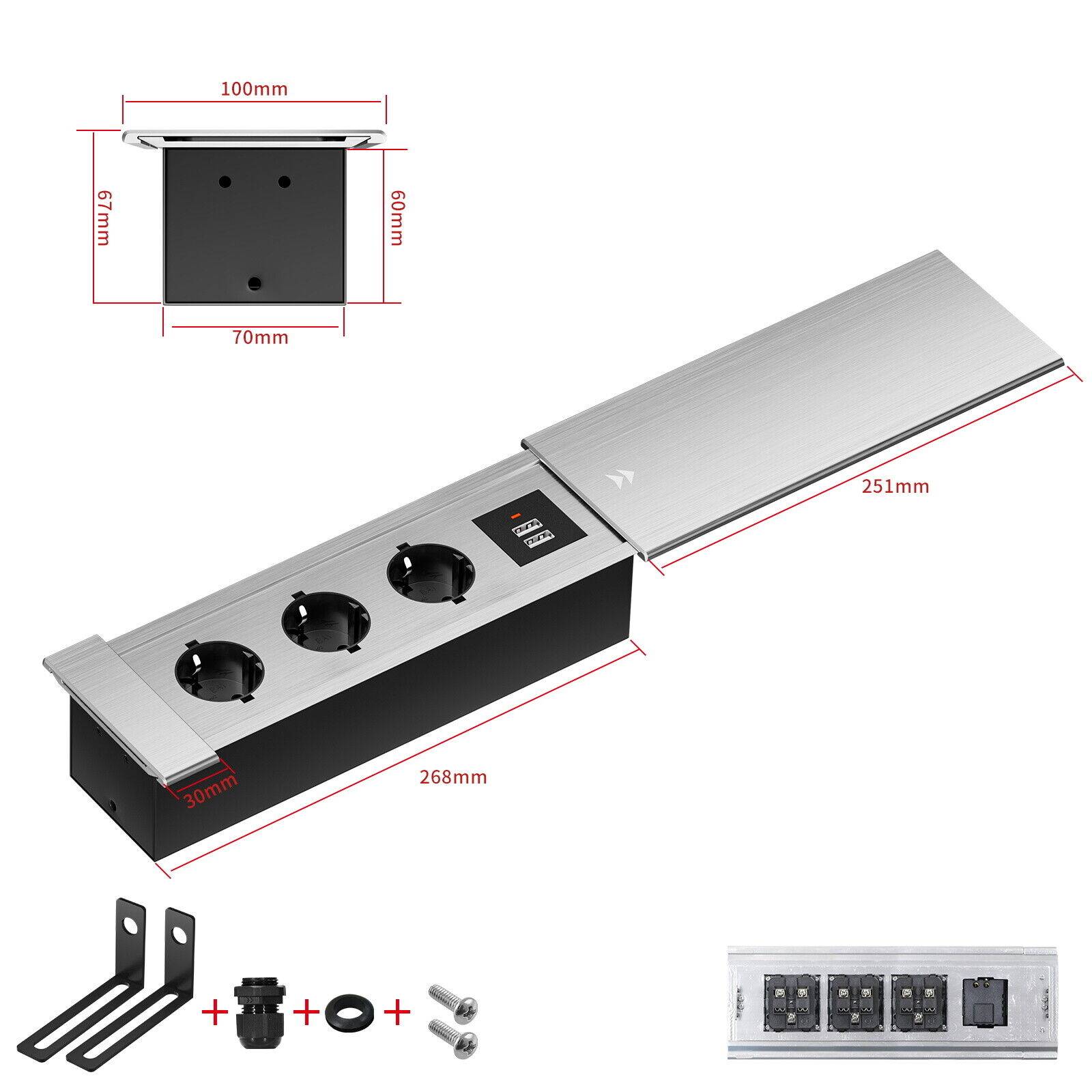Einbausteckdose Aluminium Tischsteckdose Bodensteckdose Fußboden Steckdose 230V Modell A / 3-Fach + USB / Silber