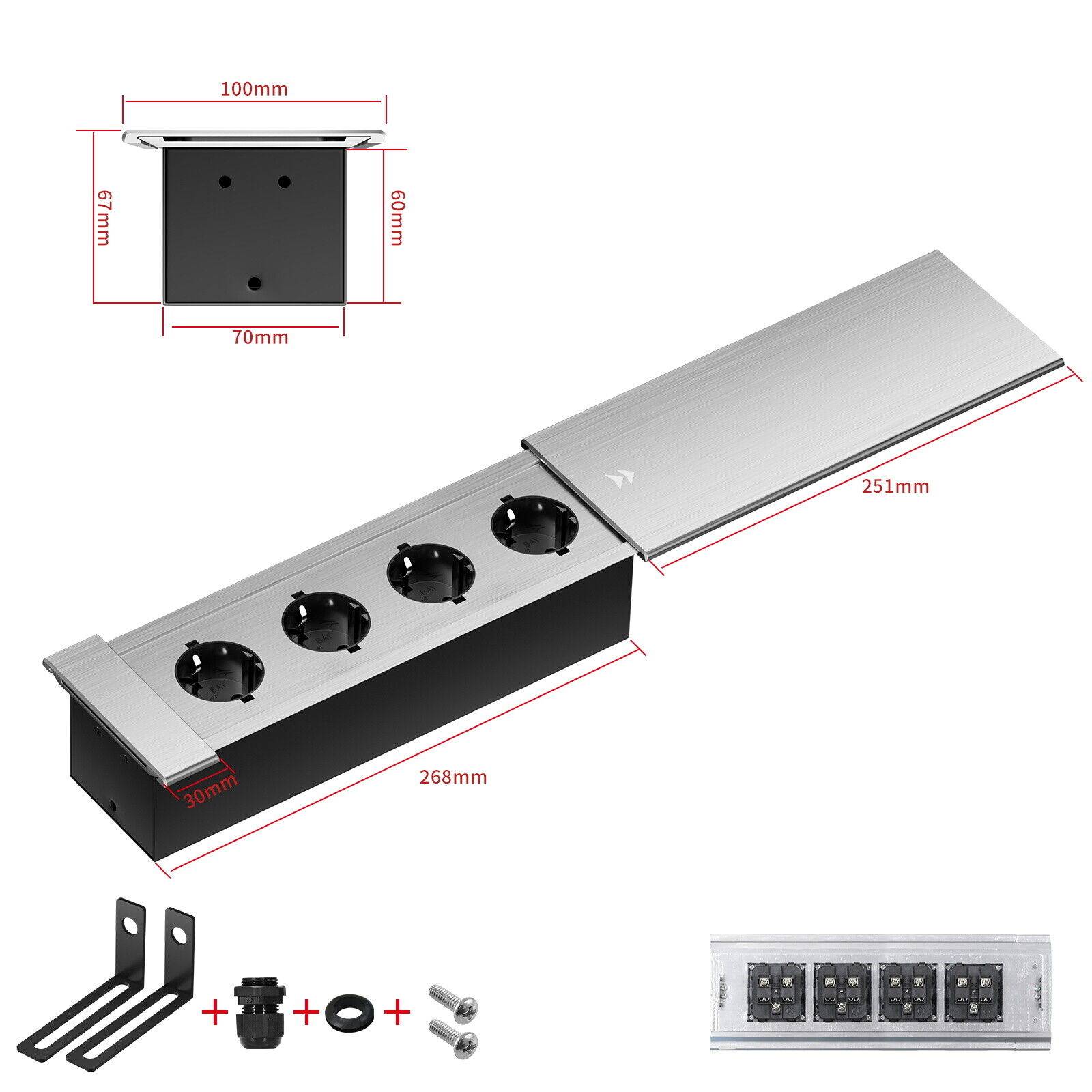 Einbausteckdose Aluminium Tischsteckdose Bodensteckdose Fußboden Steckdose 230V Modell A / 4-Fach / Silber