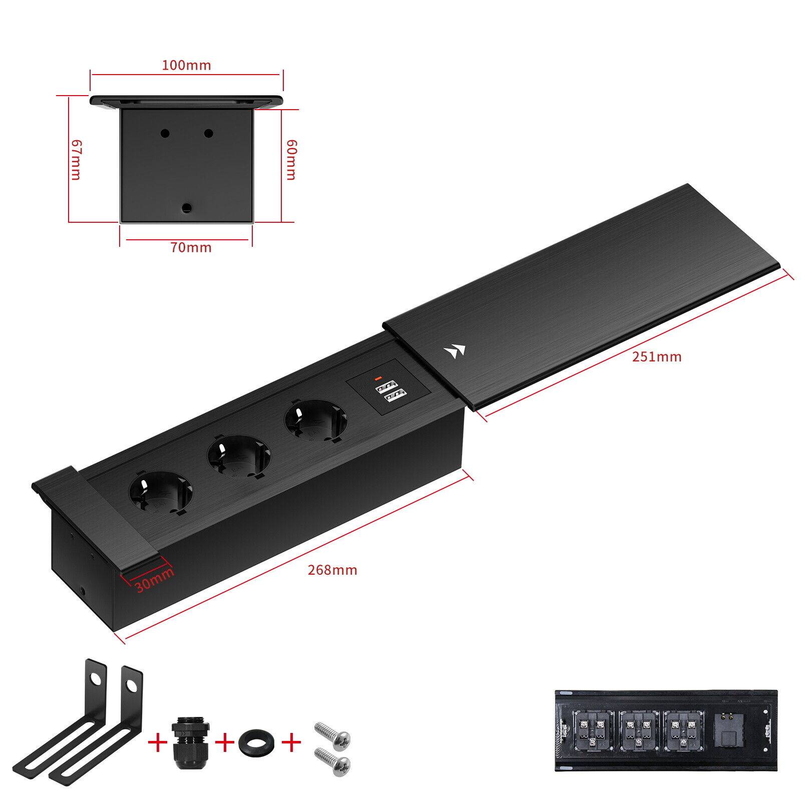 Einbausteckdose Aluminium Tischsteckdose Bodensteckdose Fußboden Steckdose 230V Modell A / 3-Fach + USB / Schwarz