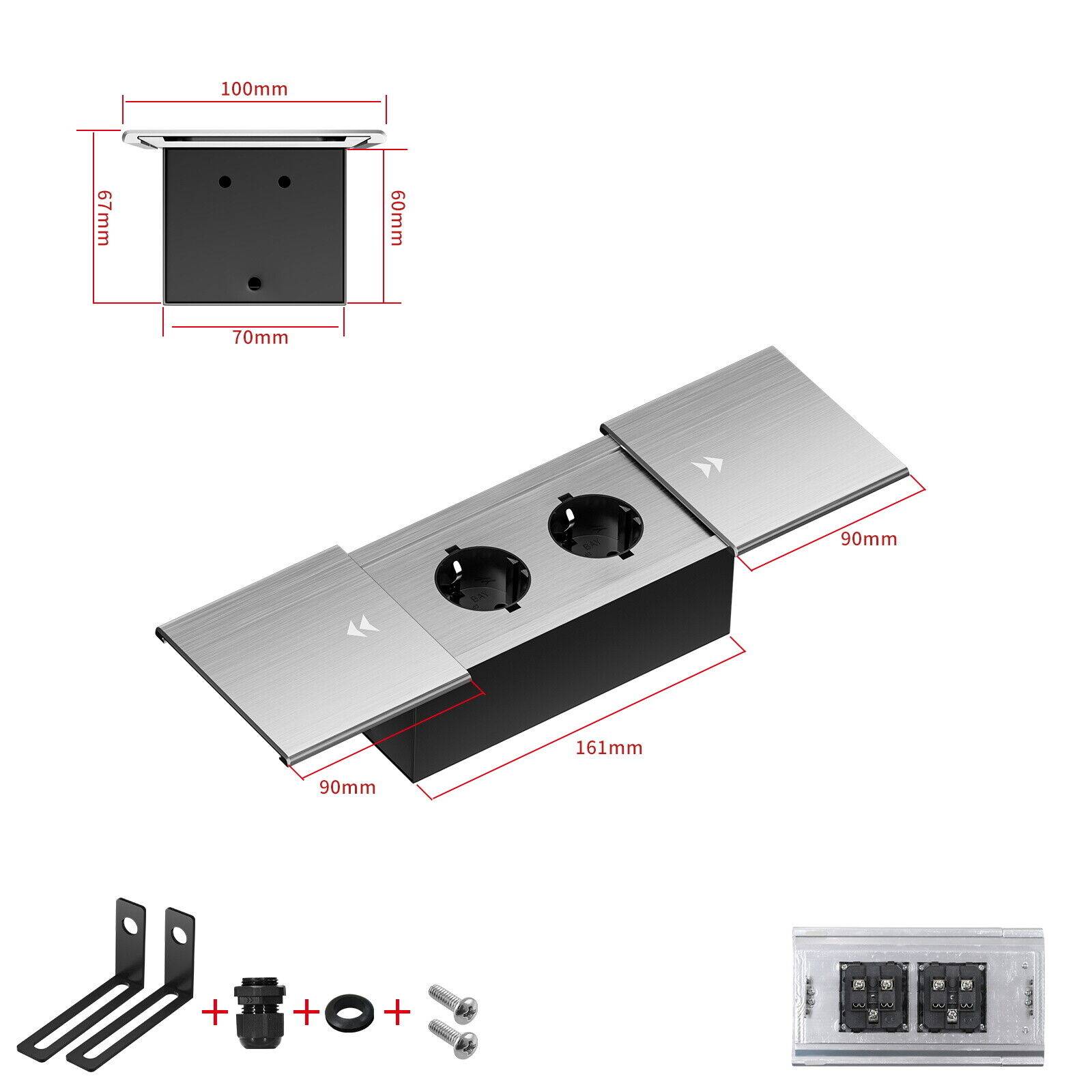 Einbausteckdose Aluminium Tischsteckdose Bodensteckdose Fußboden Steckdose 230V Modell B / 2-Fach / Silber