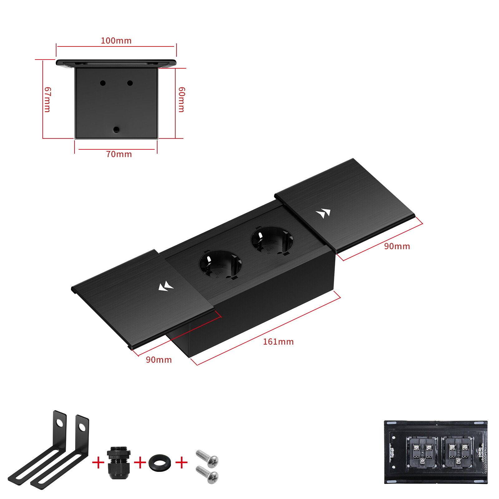 Einbausteckdose Aluminium Tischsteckdose Bodensteckdose Fußboden Steckdose 230V Modell B / 2-Fach / Schwarz