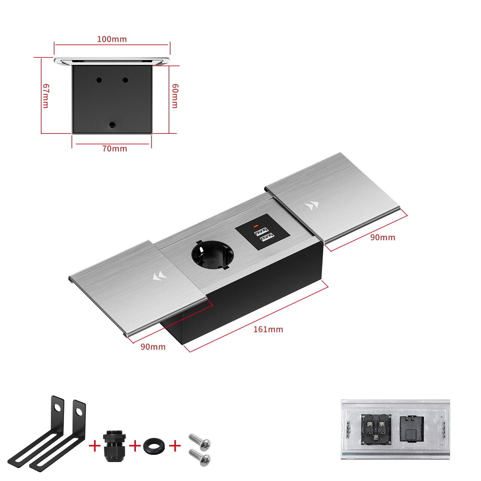 Einbausteckdose Aluminium Tischsteckdose Bodensteckdose Fußboden Steckdose 230V Modell B / 1-Fach + USB / Silber