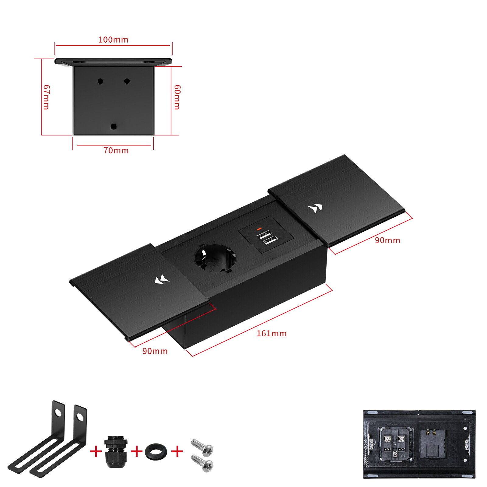 Einbausteckdose Aluminium Tischsteckdose Bodensteckdose Fußboden Steckdose 230V Modell B / 1-Fach + USB / Schwarz