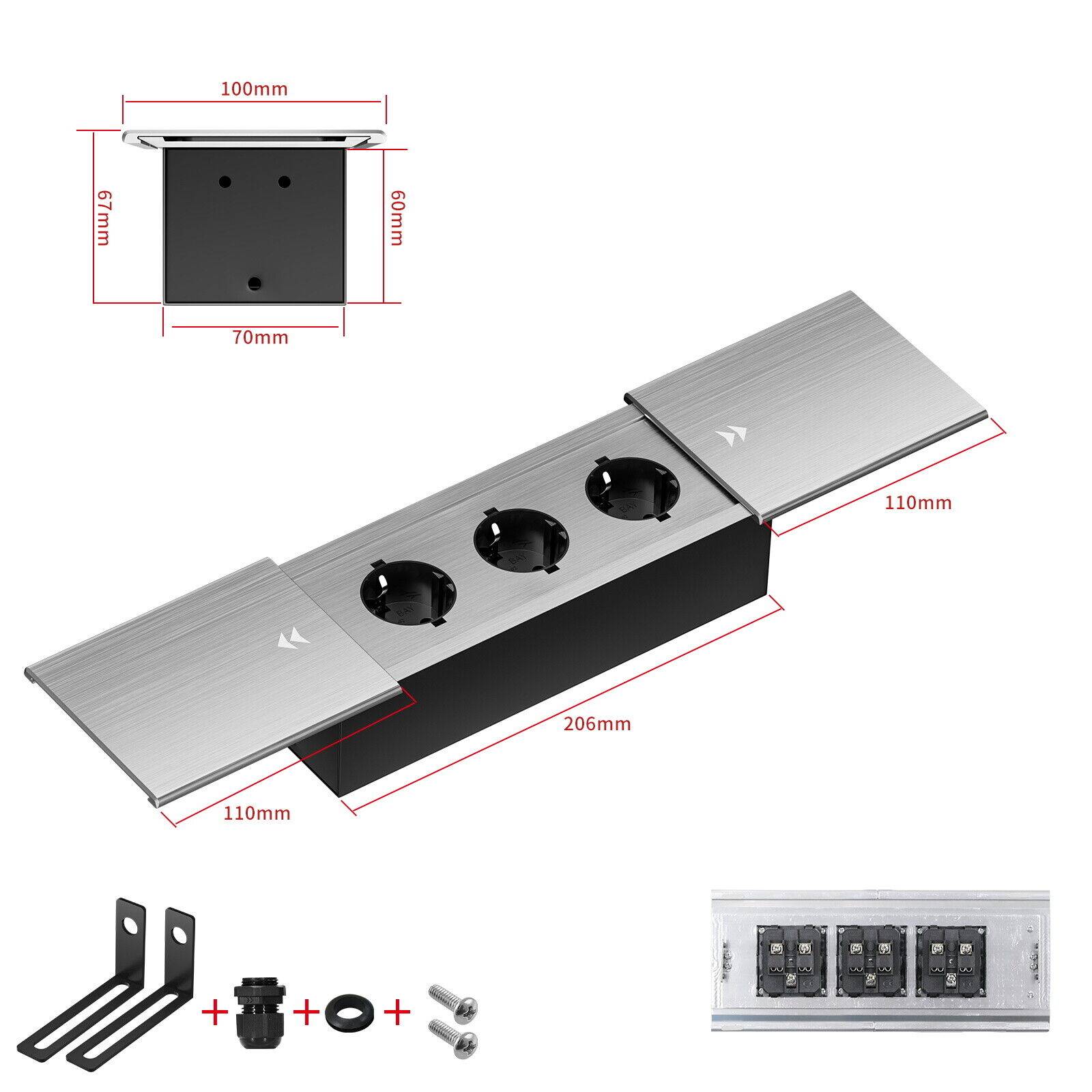 Einbausteckdose Aluminium Tischsteckdose Bodensteckdose Fußboden Steckdose 230V Modell B / 3-Fach / Silber