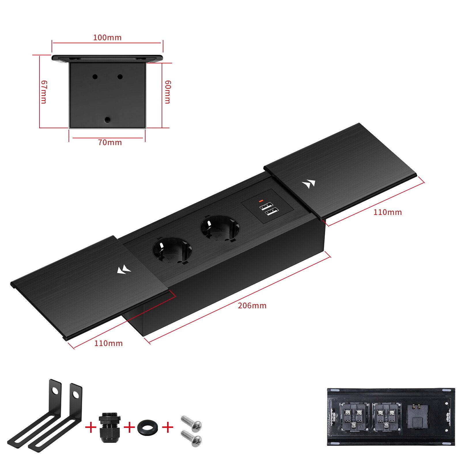 Einbausteckdose Aluminium Tischsteckdose Bodensteckdose Fußboden Steckdose 230V Modell B / 2-Fach + USB / Schwarz