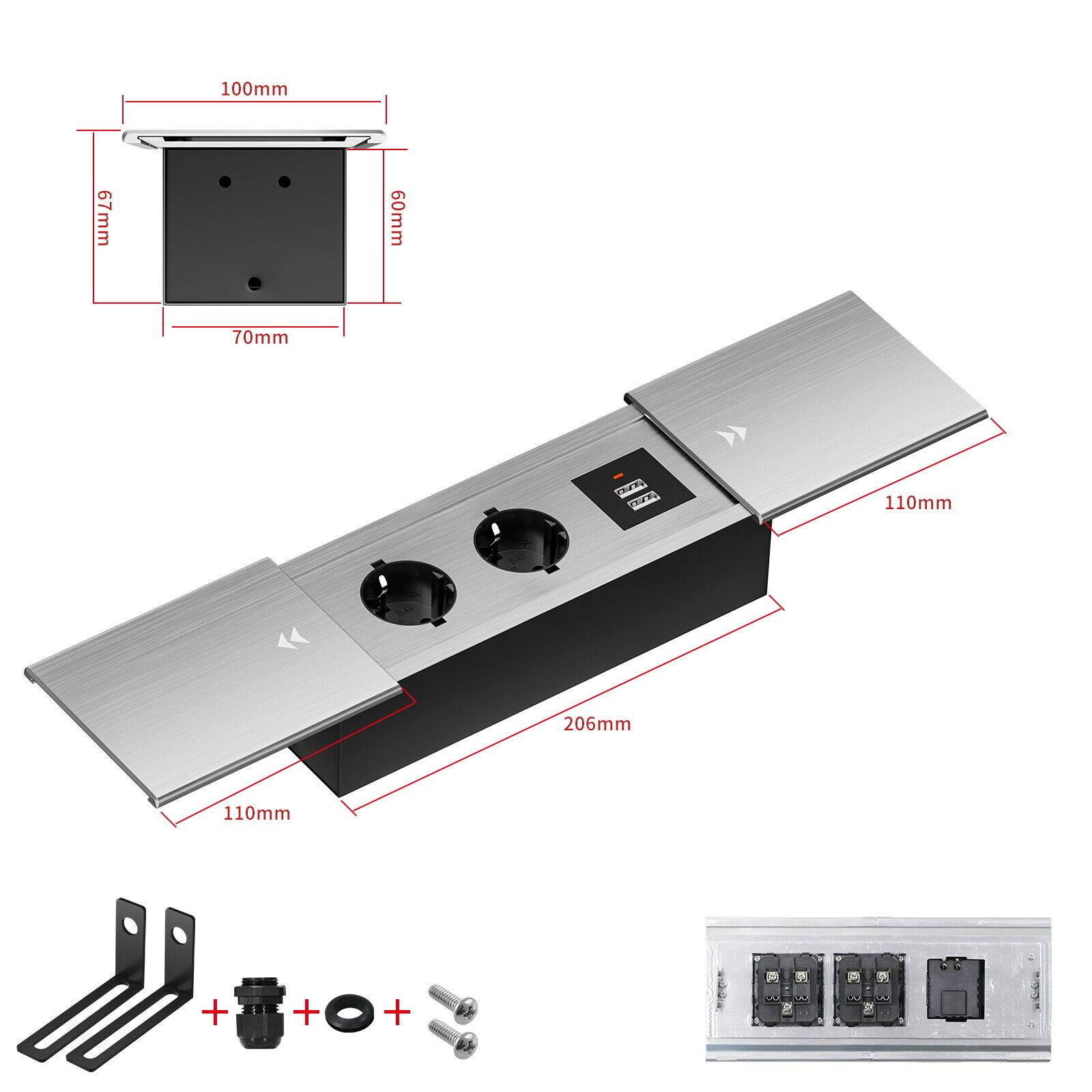 Einbausteckdose Aluminium Tischsteckdose Bodensteckdose Fußboden Steckdose 230V Modell B / 2-Fach + USB / Silber